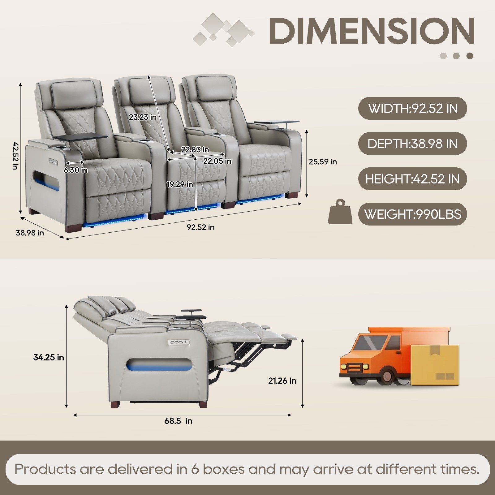 Home Theater Seating Power Recline Sofa With Powered Headrests, Table