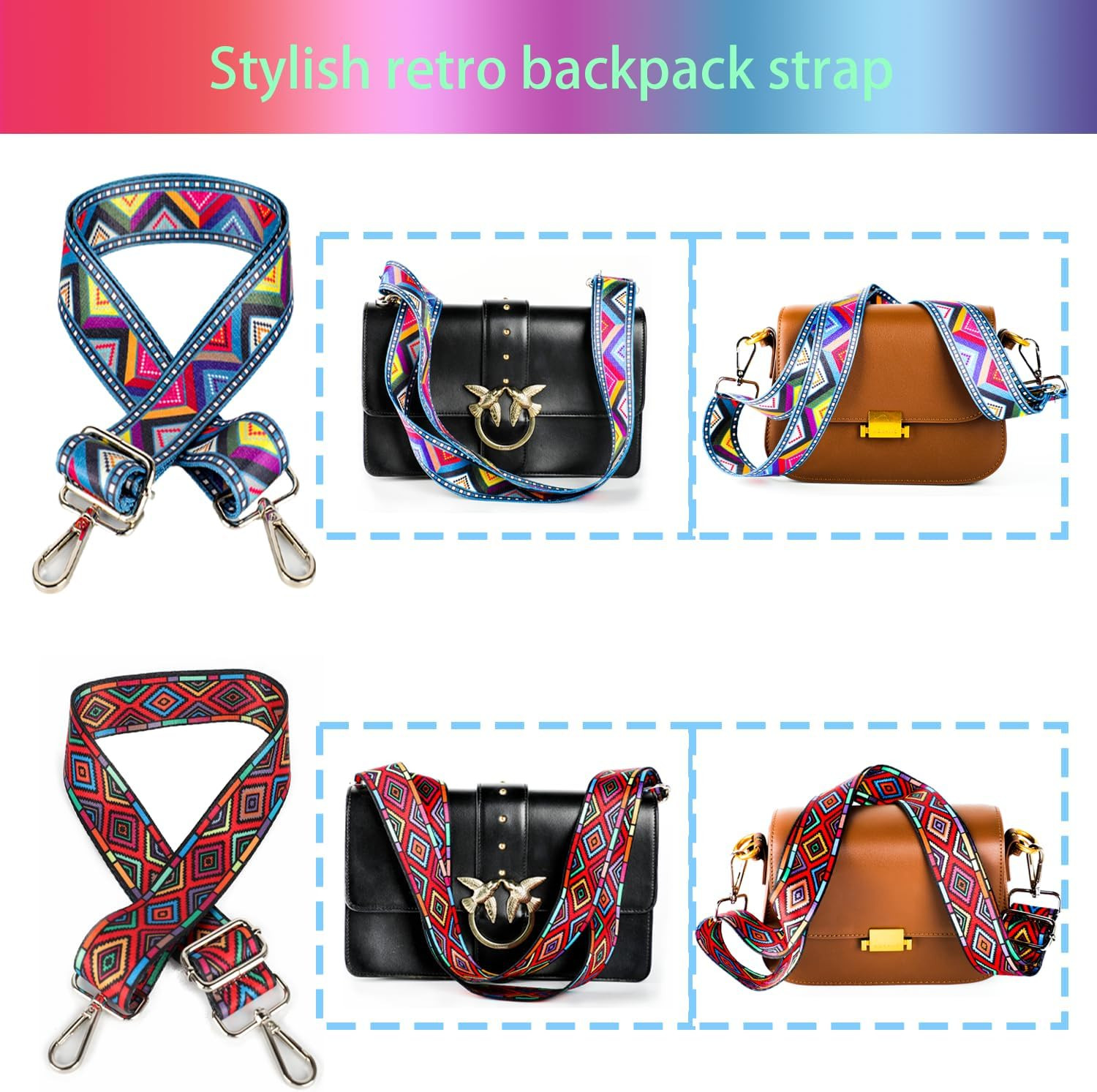 2 PCS Purse Strap, 1.5" Wide Shoulder Strap Adjustable Replacement Retro Multi-p
