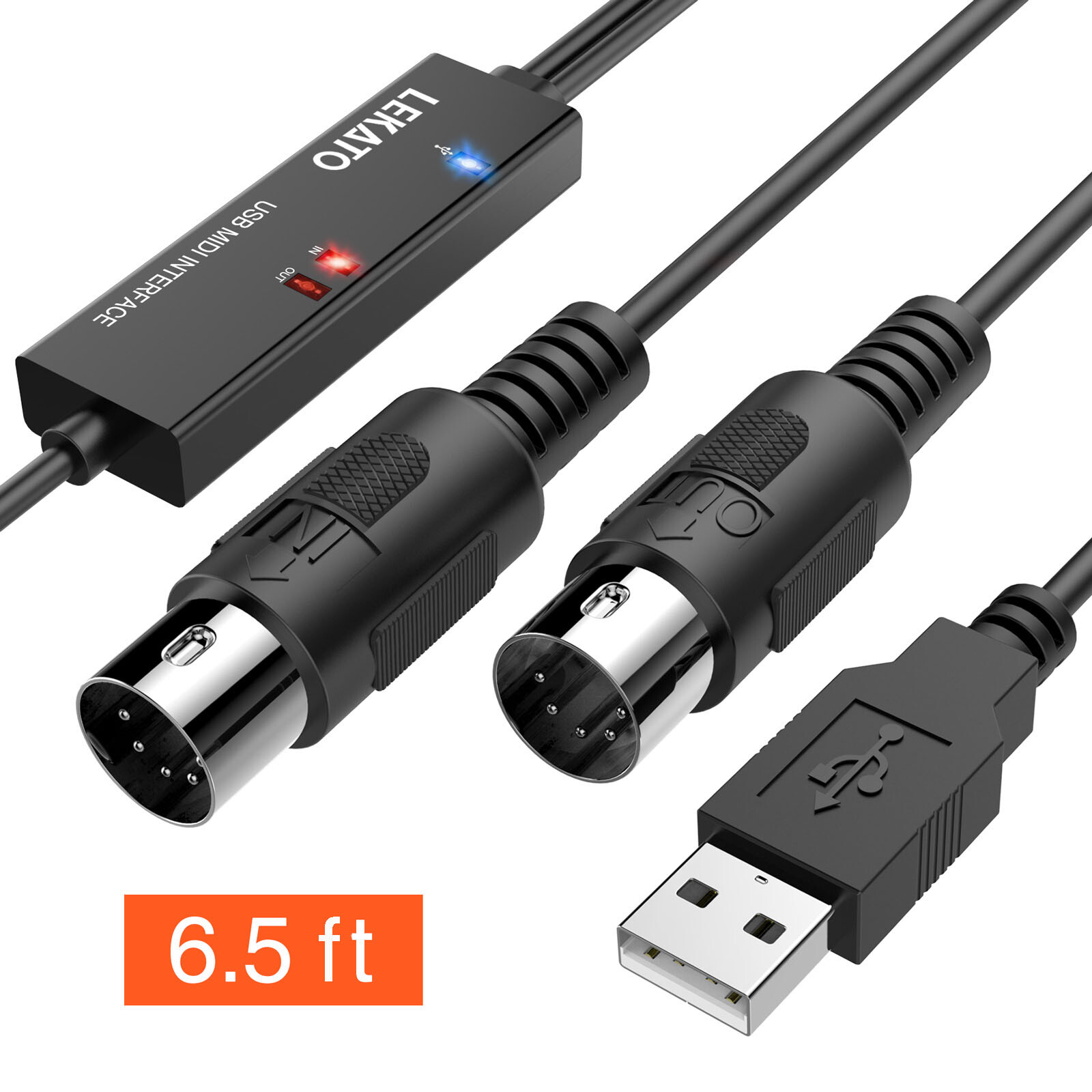 LEKATO 6.5Ft MIDI Cable MIDI to USB Cable with Input & Output for Recording