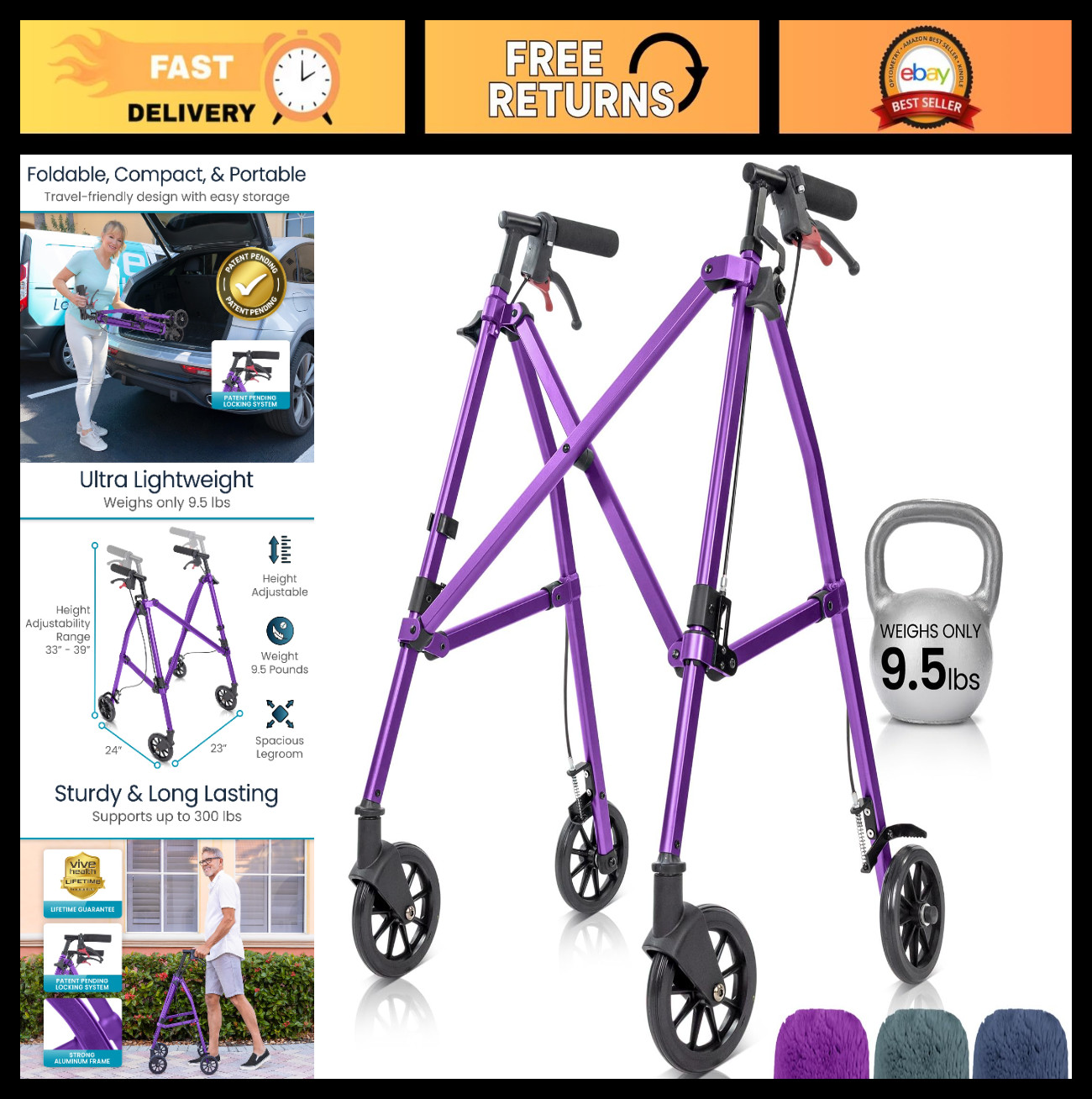 Lightweight Folding Walker for Seniors - Narrow Design, Wheels, Portable & Colla