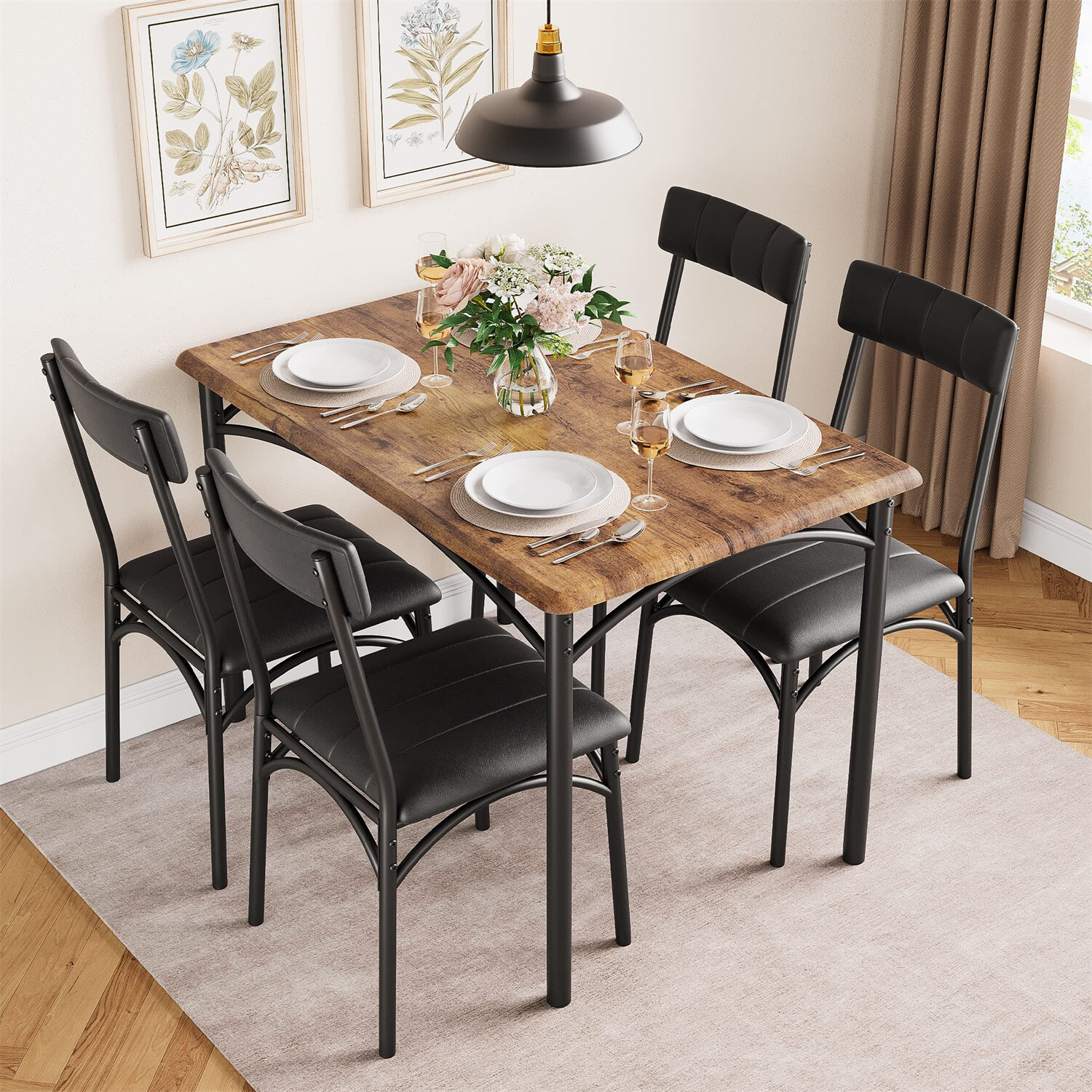 ✈️💒Dining Table Set for 4 Kitchen Table and Chairs Metal and Wood Upholstered C