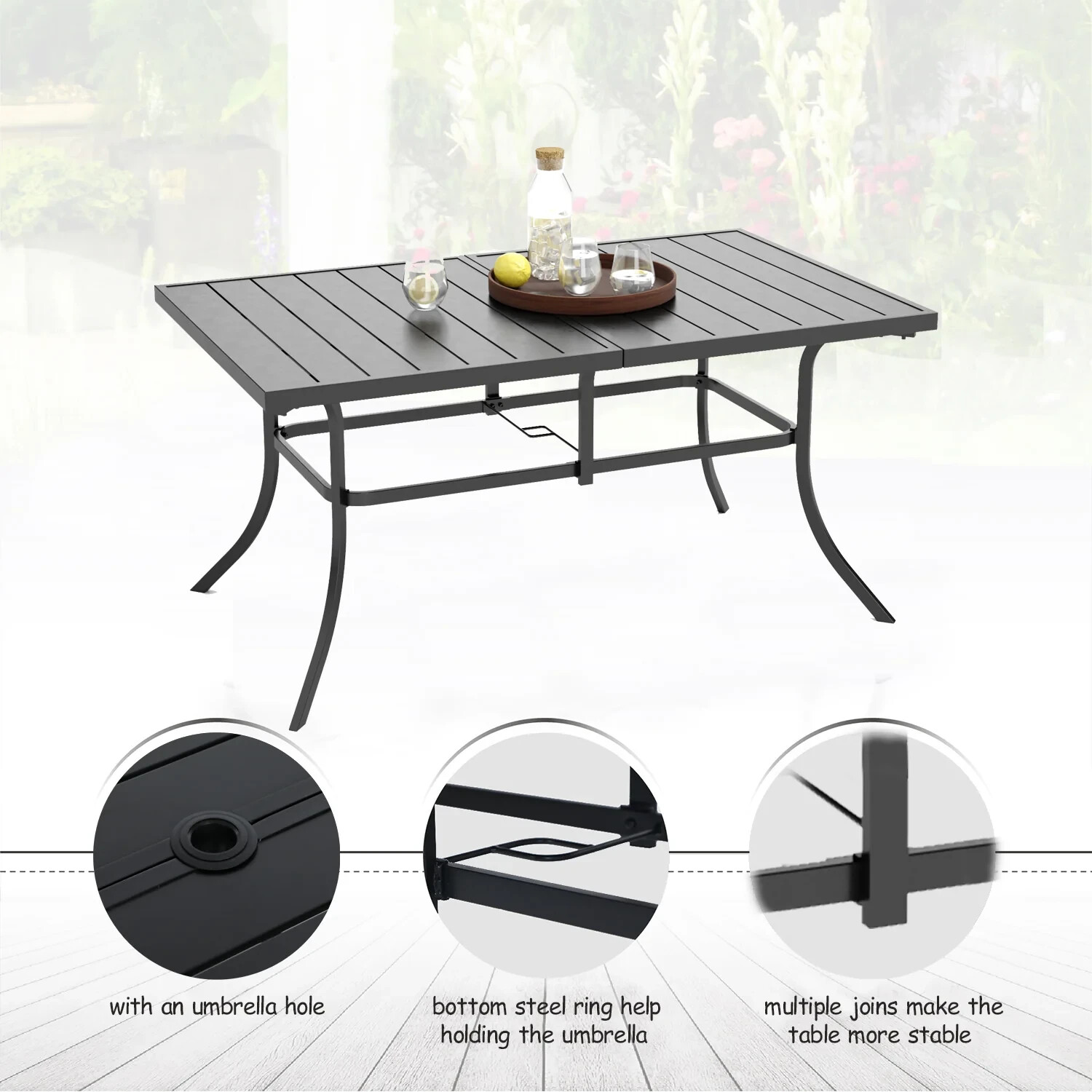 Patio Dining Table for 6 Person Outdoor Table with Umbrella Hole Rectangular