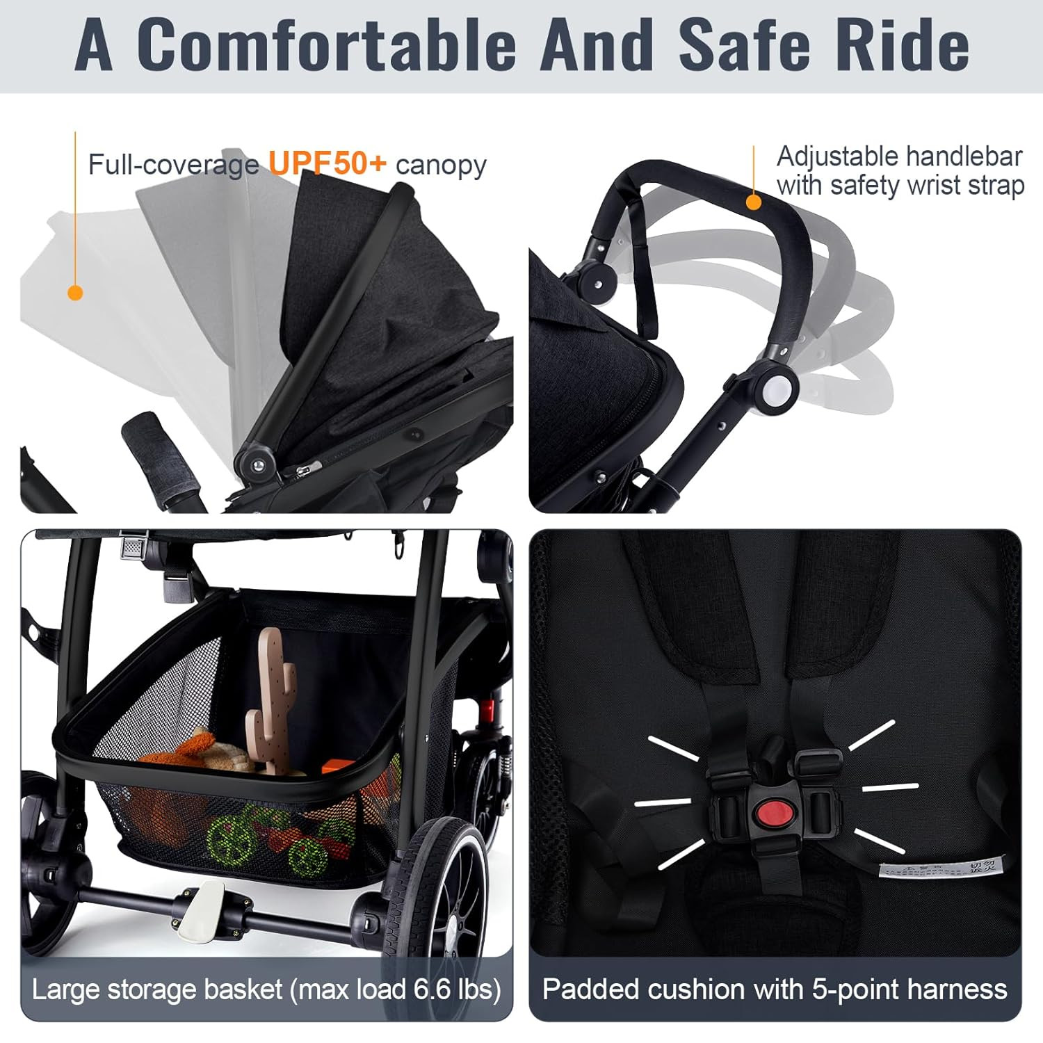 2-in-1 Reversible Baby Stroller with Canopy, Foldable & Adjustable Handle