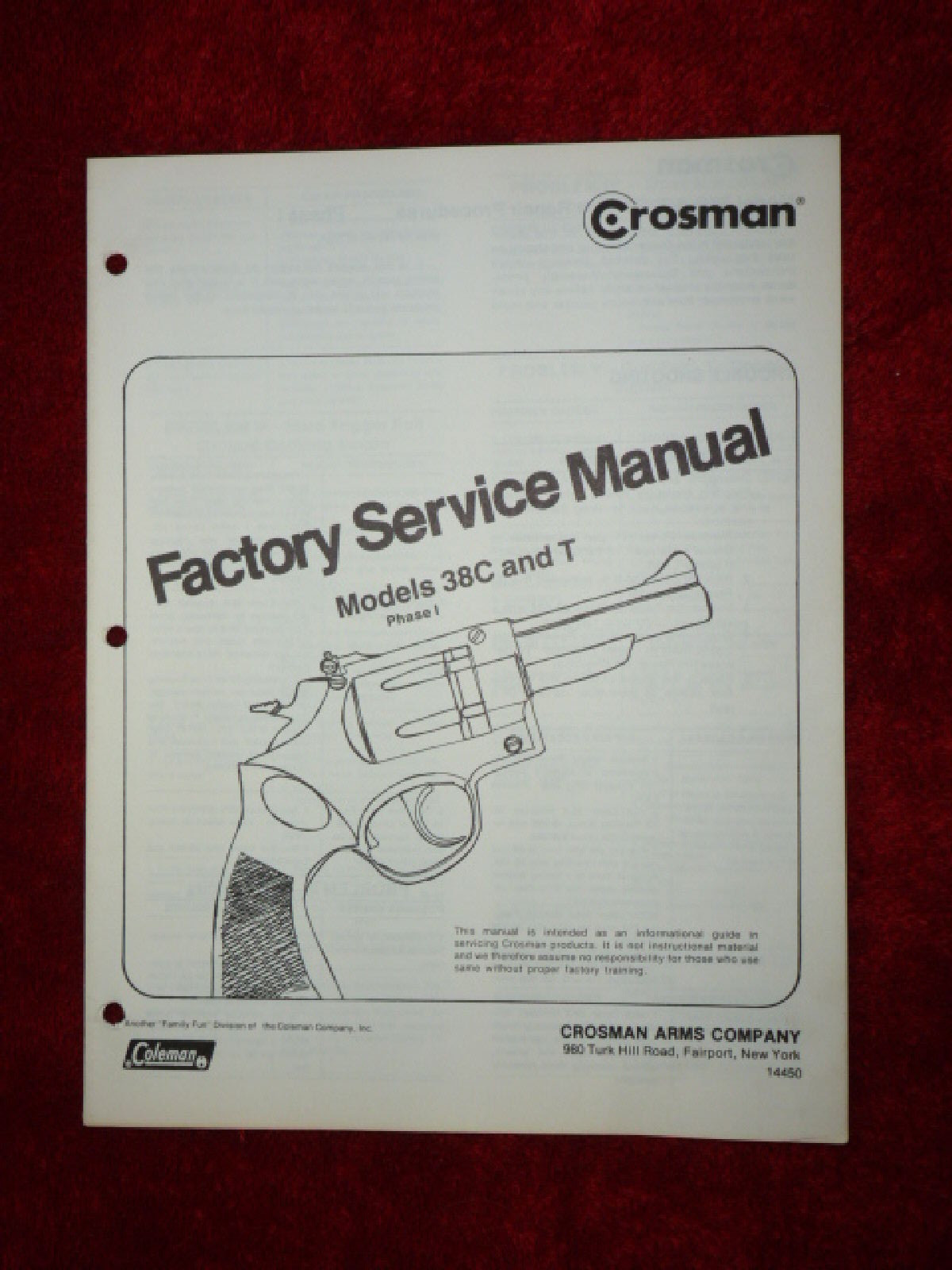 Crosman 38C & 38T (Phase I) Factory Service Manual W/ Exploded View + Parts List