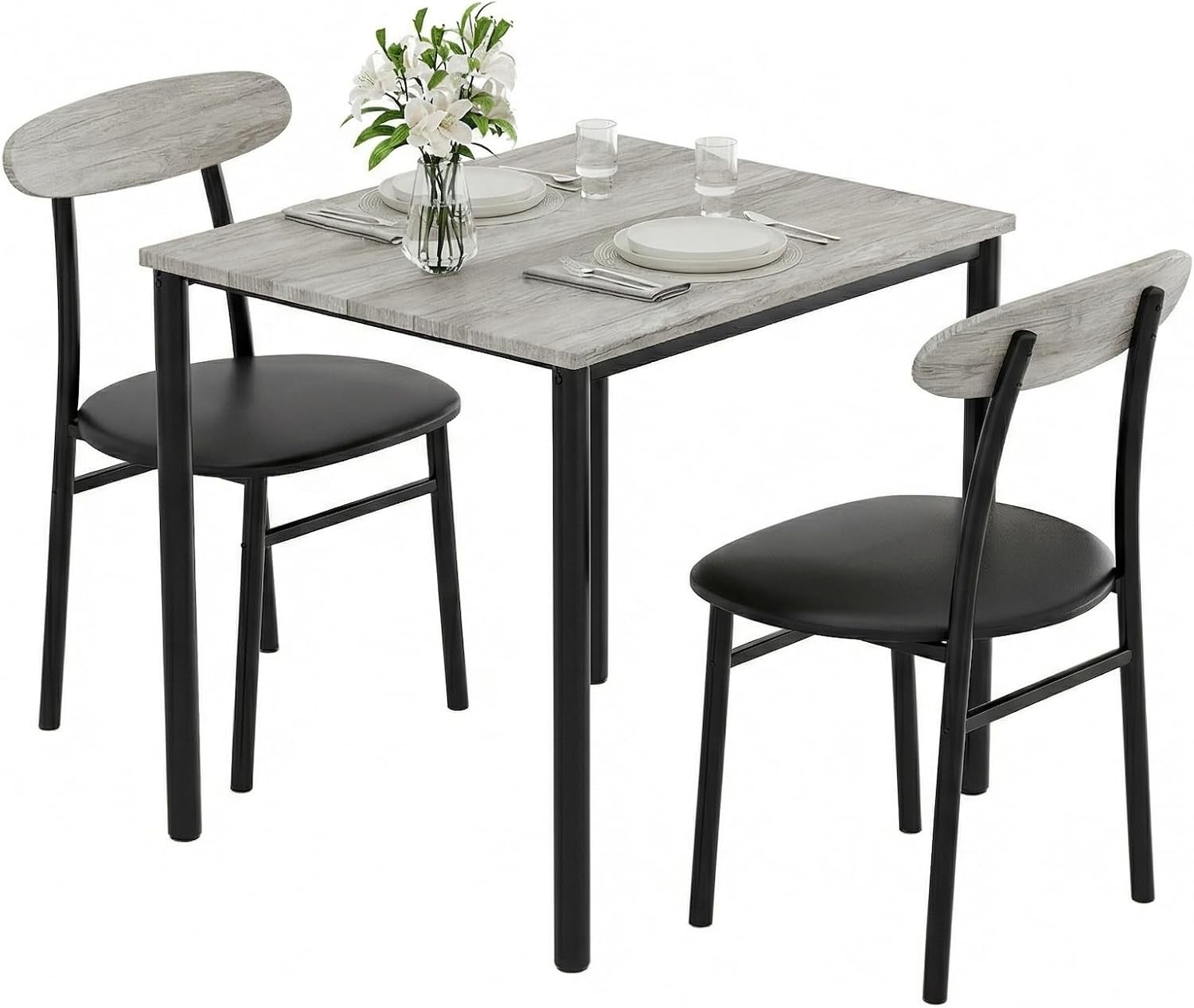 Dining Table Set for 2, Wood Square Table with 2 Upholstered Chairs for Kitchen