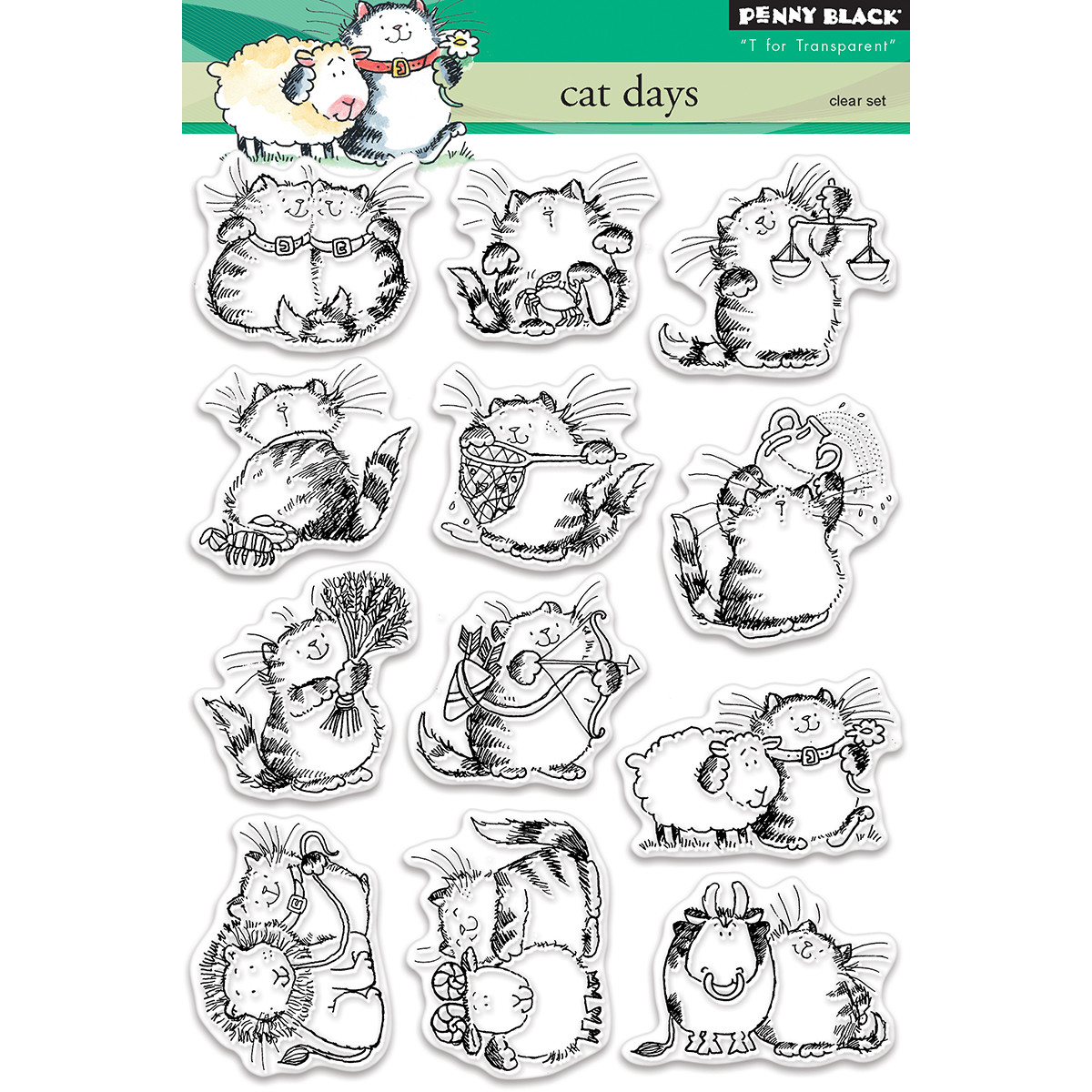 Cat Days Kitty Cats Penny Black Clear Rubber Stamp Set 5"X7" 30-407 New