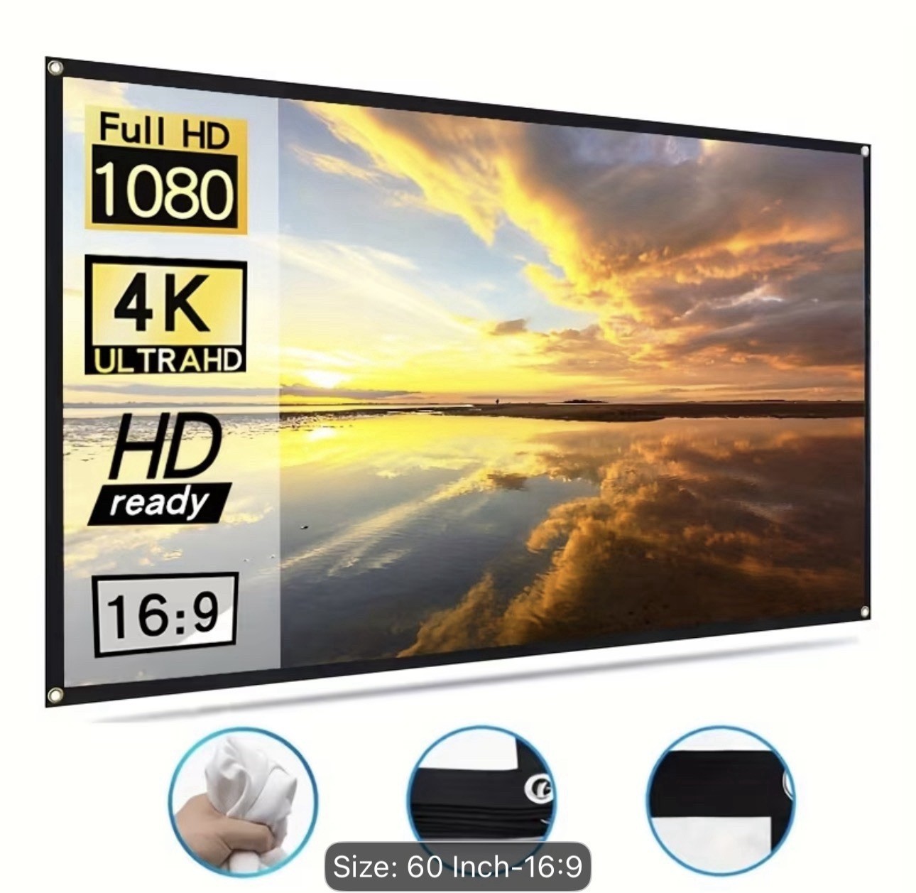 60 Inch Projector Screen, 4K 16:9 HD Portable Projection Movie Screen, Anti-C...
