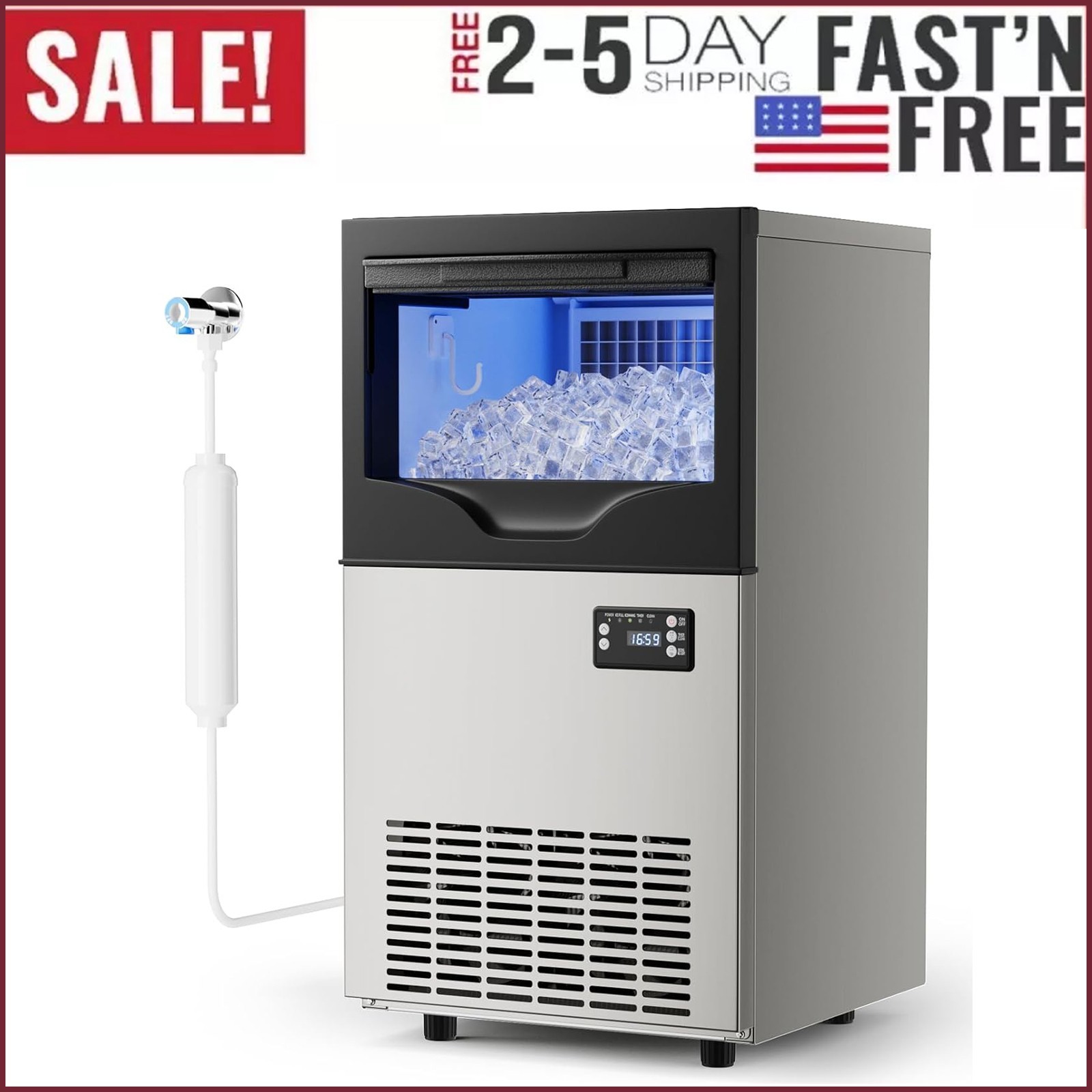 100LBs Commercial Ice Maker Built-in Cube Machine Restaurant Stainless Steel