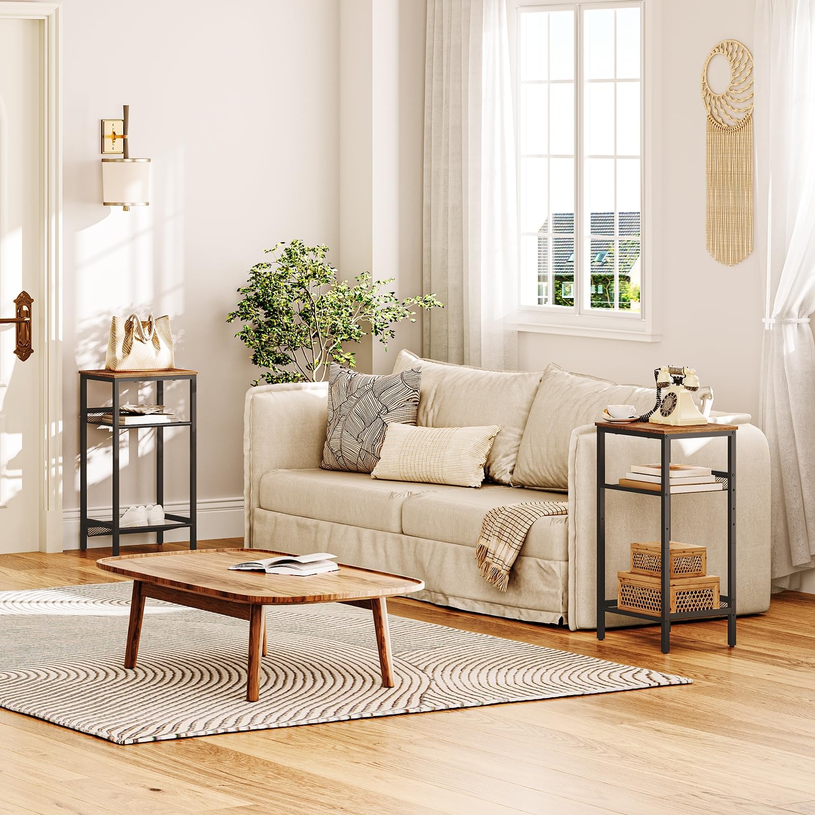 HOOBRO Side Table, Industrial End Telephone Table with Adjustable Mesh Shelves,