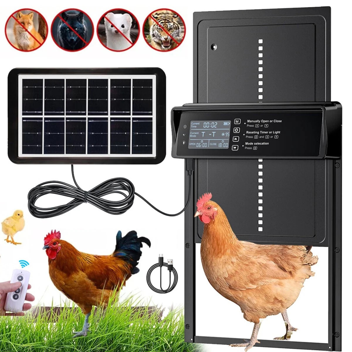 Solar Automatic Chicken Coop Door Opener with Light Sensor/Timer/Remote Control