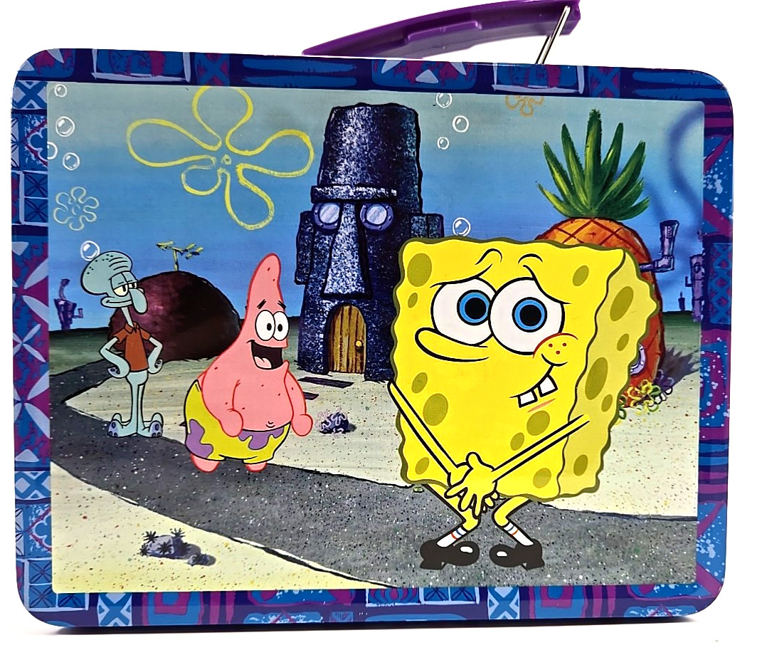 SpongeBob Squarepants Embossed Lunch Box Tin 2003 Purple Handle Tin Box Company