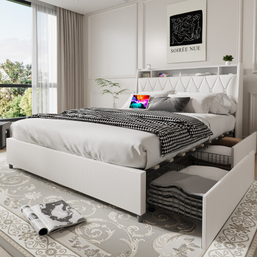 Full Size Bed Frame with Ergonomic Headboard, Full Platform Bed Frame with Outle