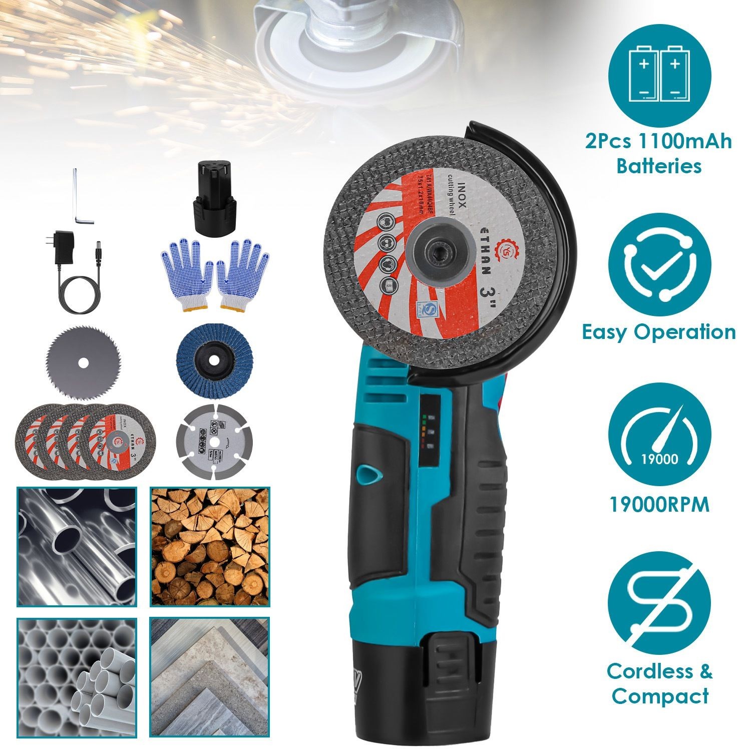 Cordless Mini Grinder Set - 19000 RPM Motor & 90° Rotating Guard