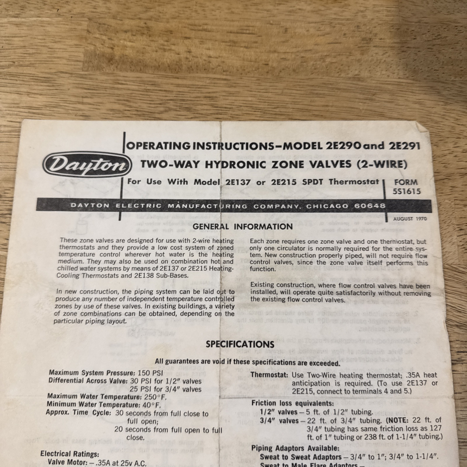 Dayton Two Way Hydronic Zone Values Model 2E290 & 2E291 Operating Instructions