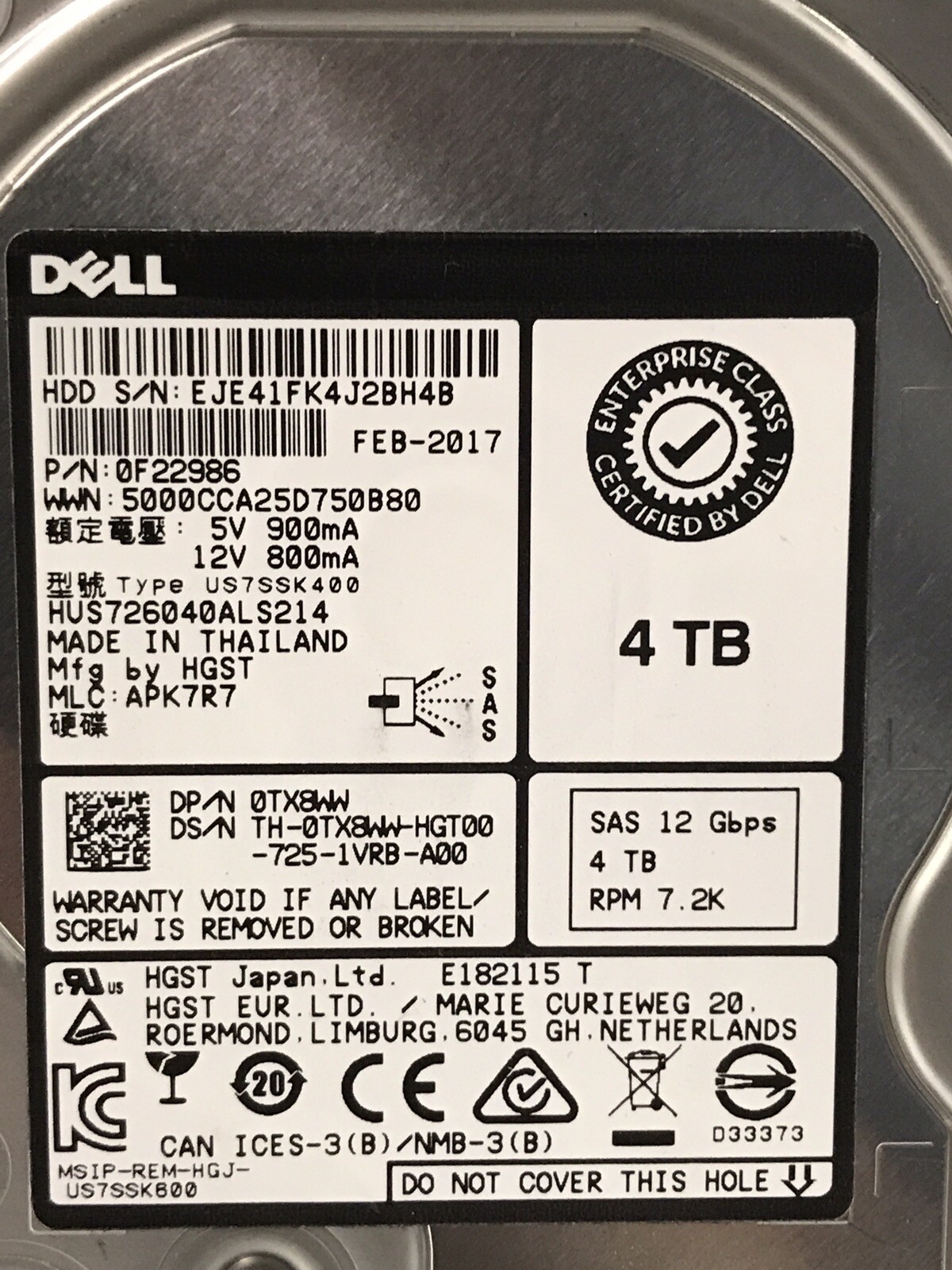 Dell 4TB NL SAS 12G 7.2K 3.5 LFF+Tray R720 R720XD R730 R730XD MD1200 R430 R530