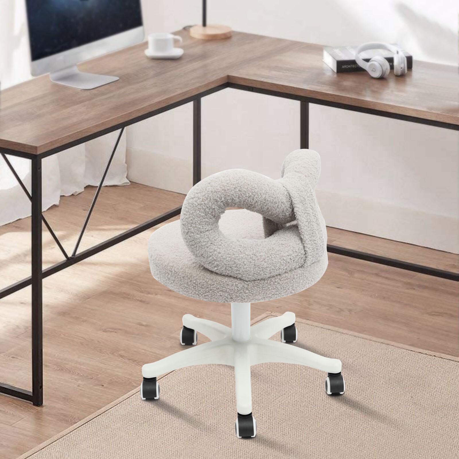 Lambswool Bow Back Desk Chair, Grey Swivel Rolling Vanity Stool, Height Adjust