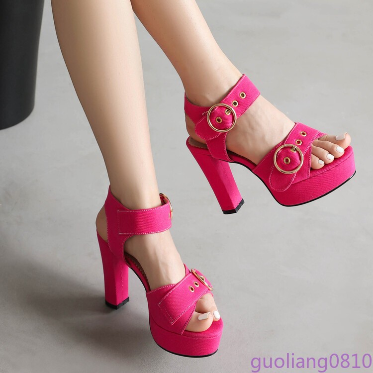 Women's Denim Sandals Buckle Shoes Chunky Heel Platform Fashion Oversize Casual