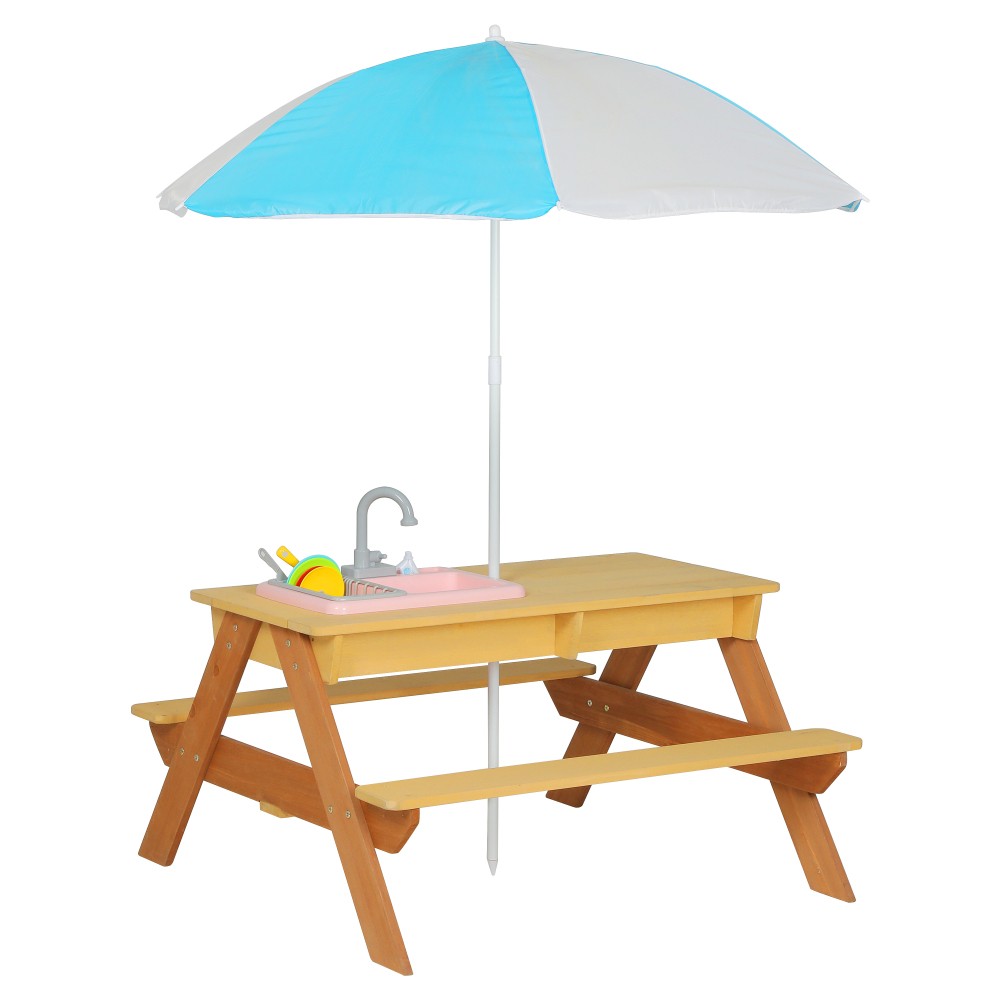 Kids Sand & Water Activity Table with Umbrella, Convertible Picnic Table