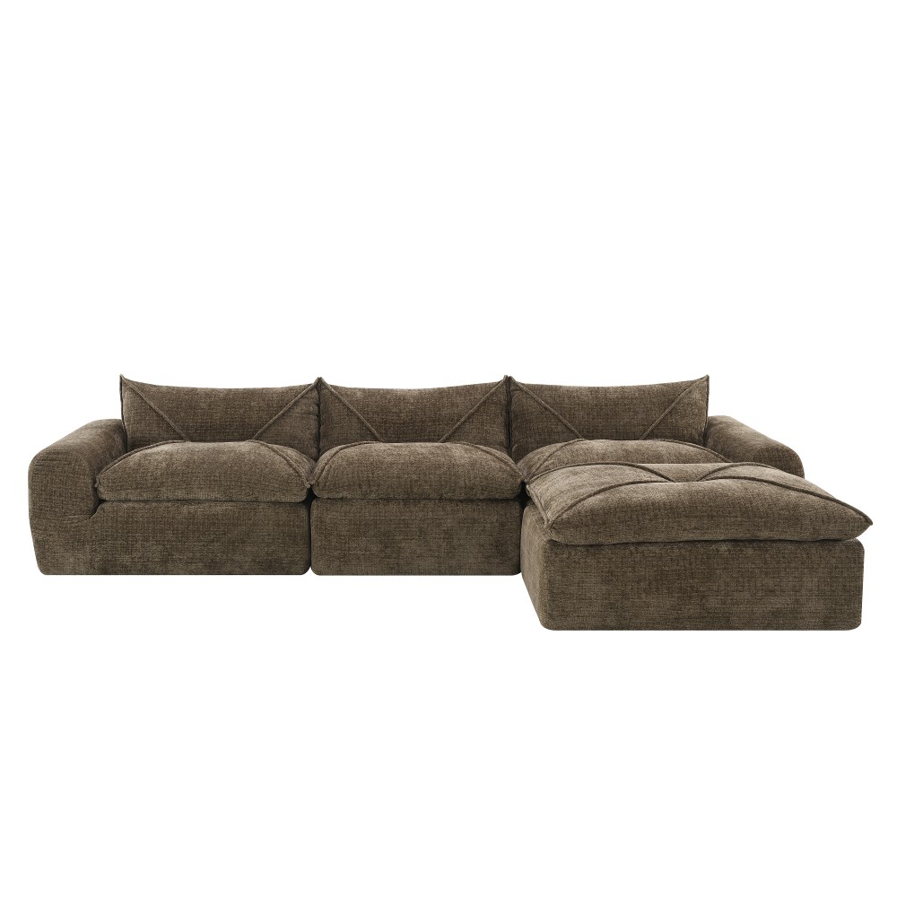 Brown Chenille 4-Seater Sectional Sofa w/Ottoman - No Assembly