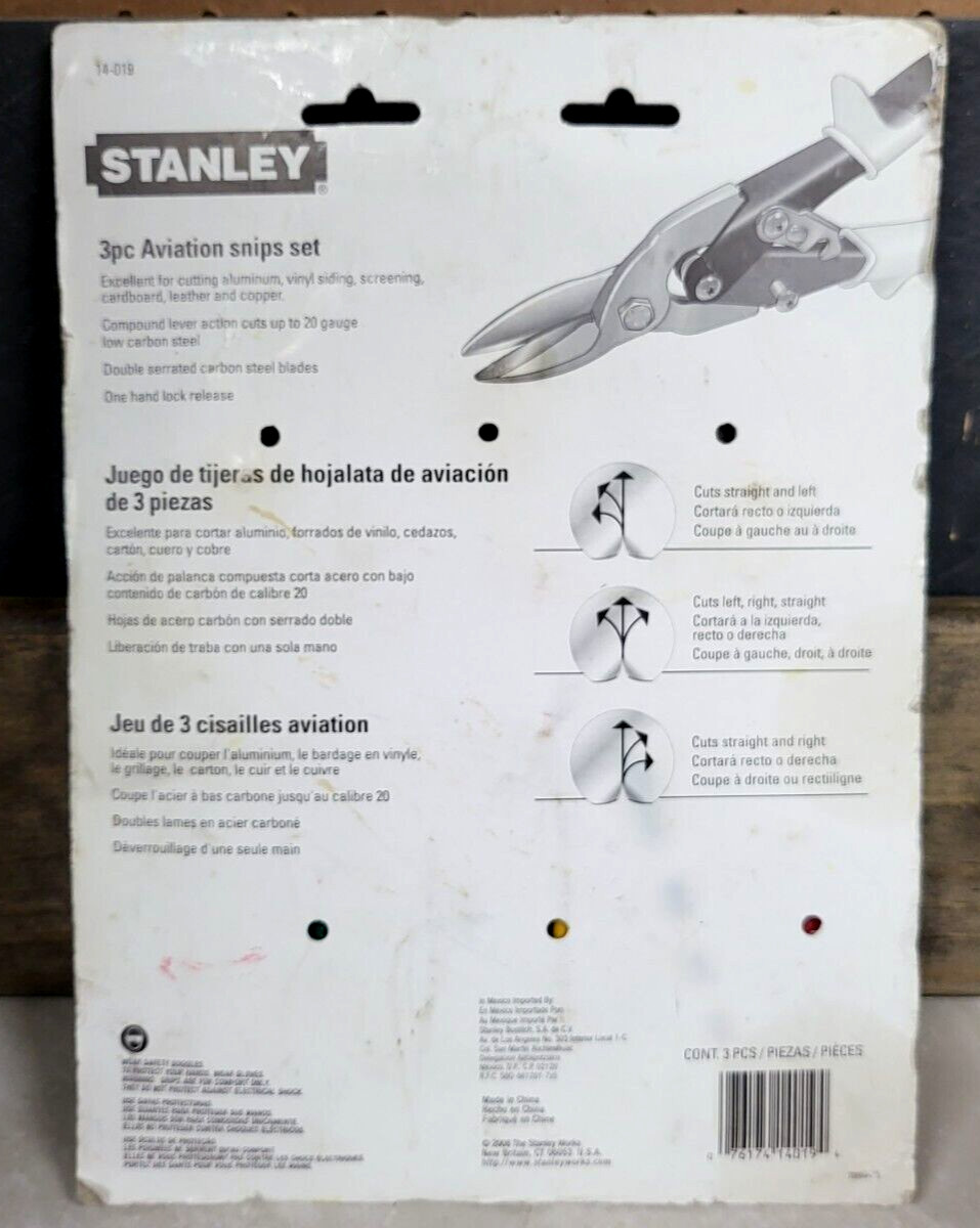 Stanley 14-019 ~3 Piece Aviation Snips Set straight left right, dated 2008
