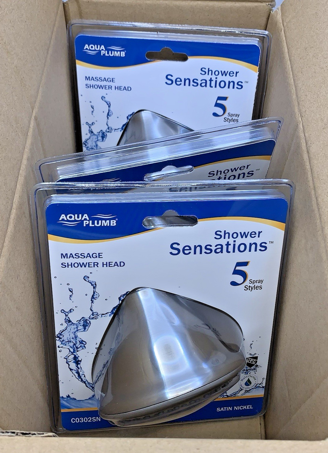 3 Pack Aqua Plumb Massage Shower Head 5 Spray Styles Satin Nickel Model C0302SN