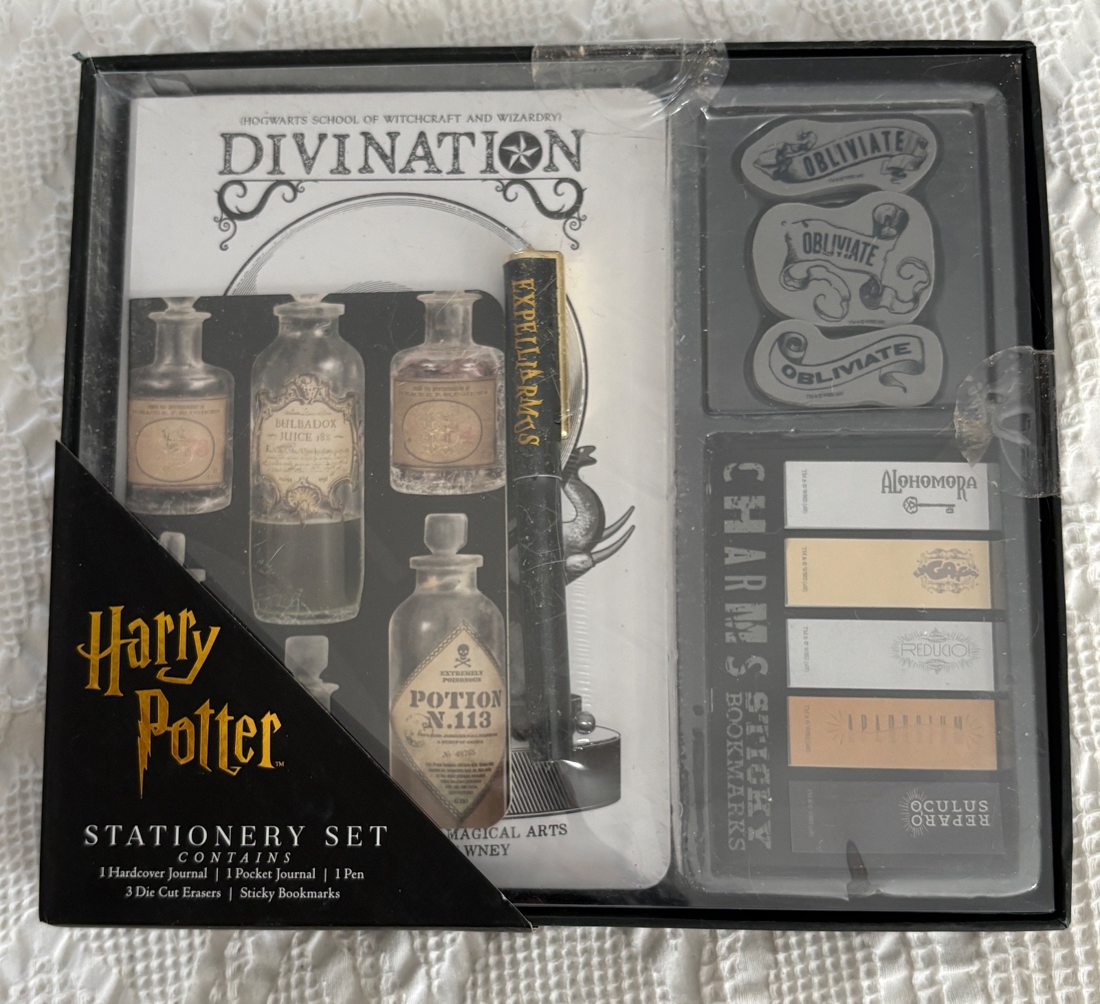 NIB Harry Potter Stationery Set. Journals Pen Erasers Sticky Tab Bookmarks.