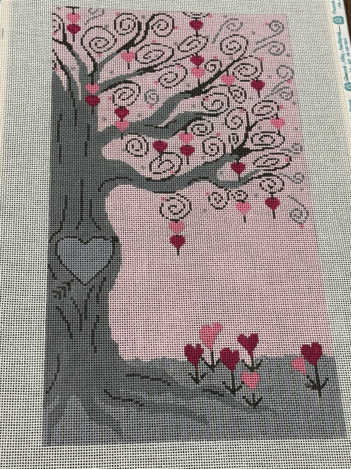 Machelle Somerville Hand Painted Needlepoint Canvas pink Valentine hearts tree