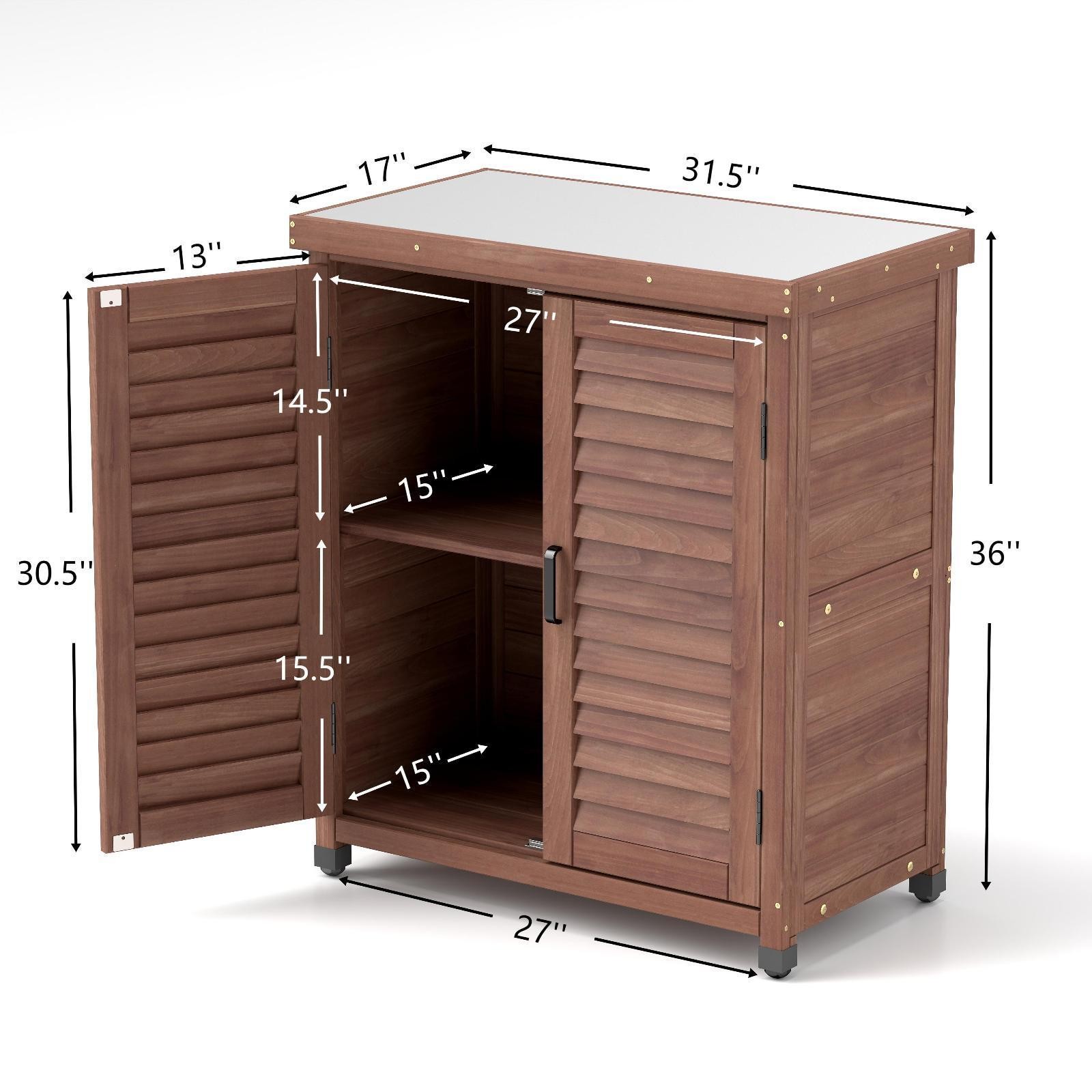 Potting Bench with Storage Cabinet and Metal Table Top for Outdoor Patio,