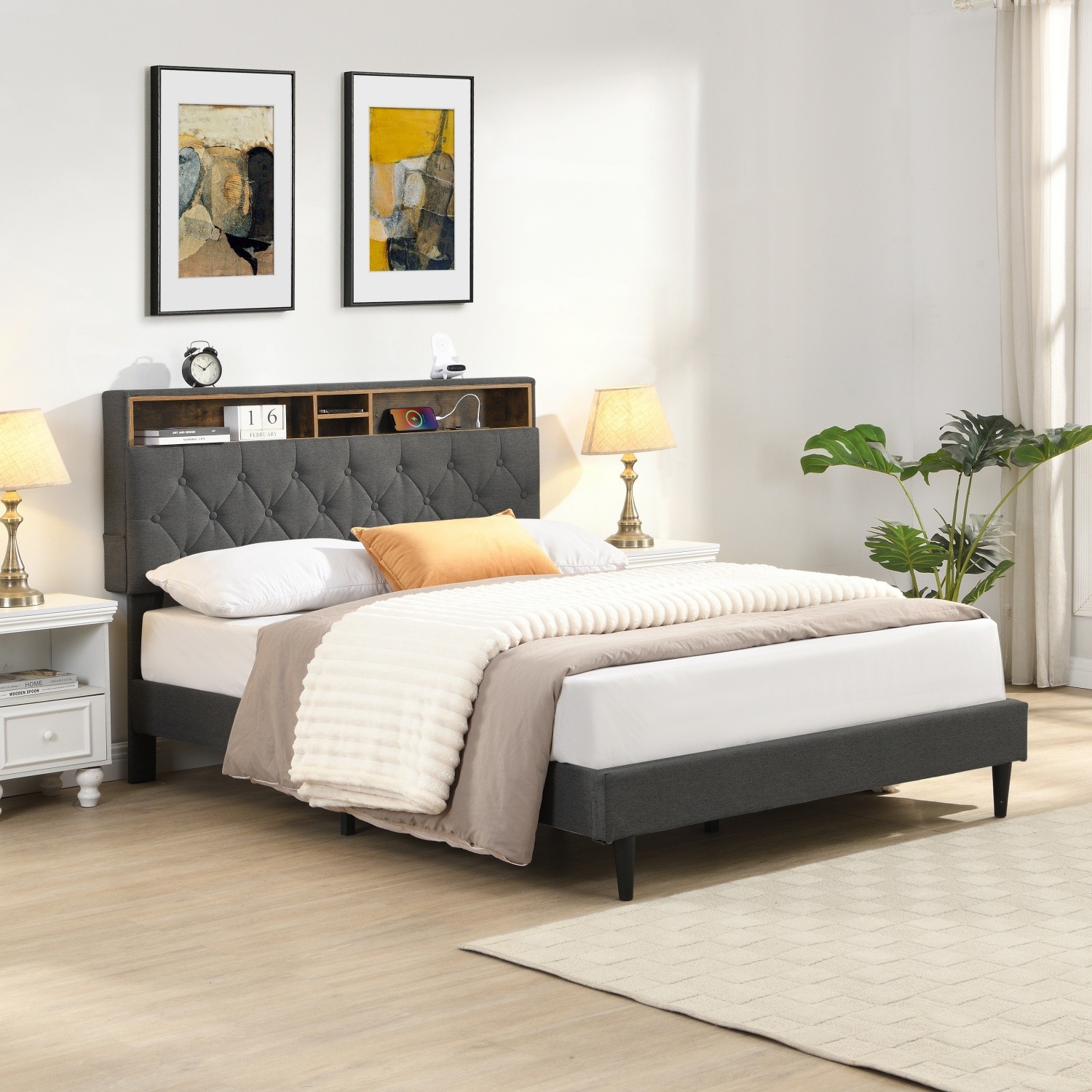 King Size Linen Upholstered Platform Bed w/ Storage Headboard & USB Ports