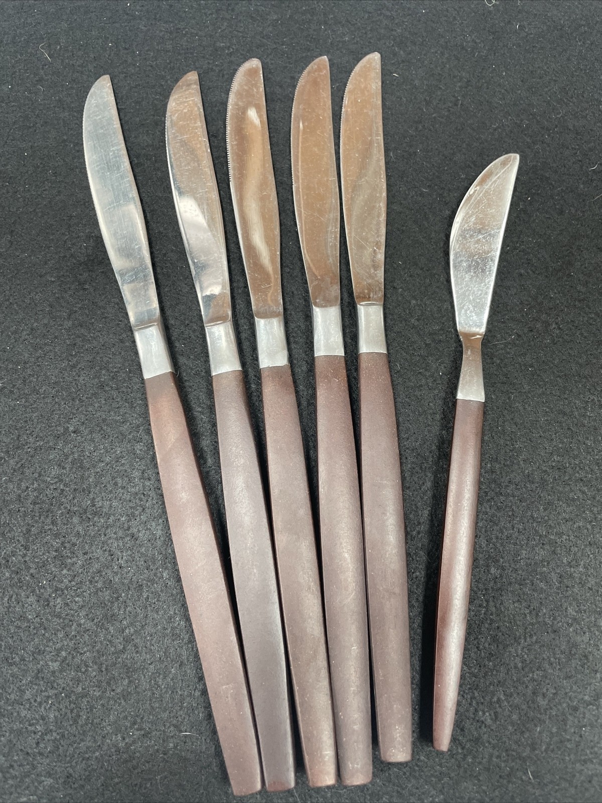 5 Mid Century Danish Modern Ekco Eterna Canoe Faux Wood  Knives & Butter Knife