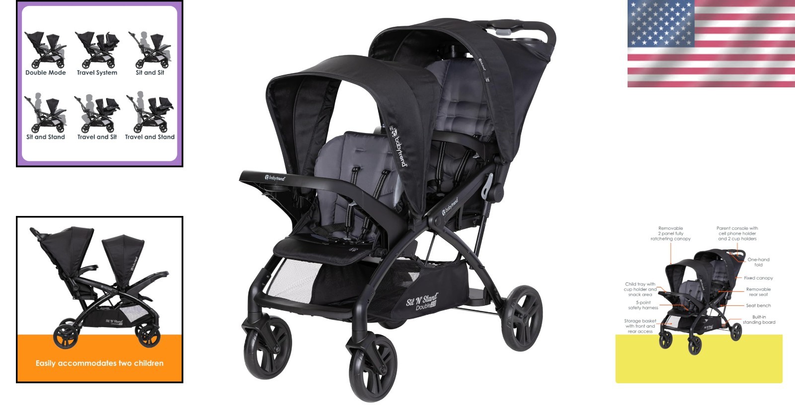 Sit N Stand Double Stroller Dash Black 5 Point Harness Adjustable Canopy