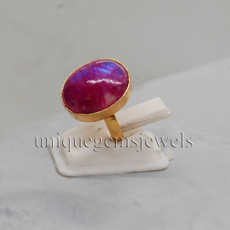 Oval Blue Fire Pink Moonstone 925 Sterling Silver Yellow Gold Fill Band Ring