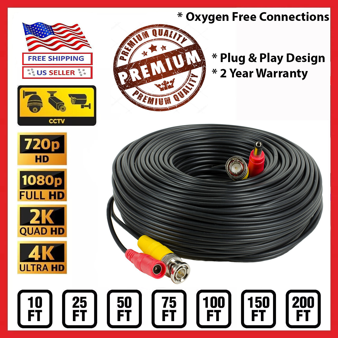 KKMOON DVR NVR CCTV SECURITY CAMERA BNC DC RG59 SIAMESE CABLE CORD 2 YEAR WTY