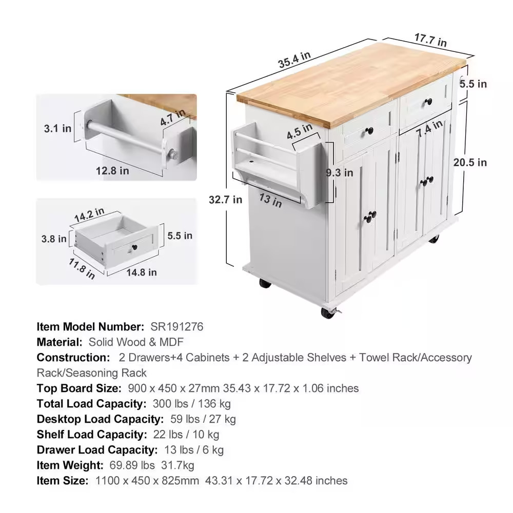 Kitchen Cart 35.4 In. Mobile Storage Cart with Solid Natural Wood Top, Rolling K