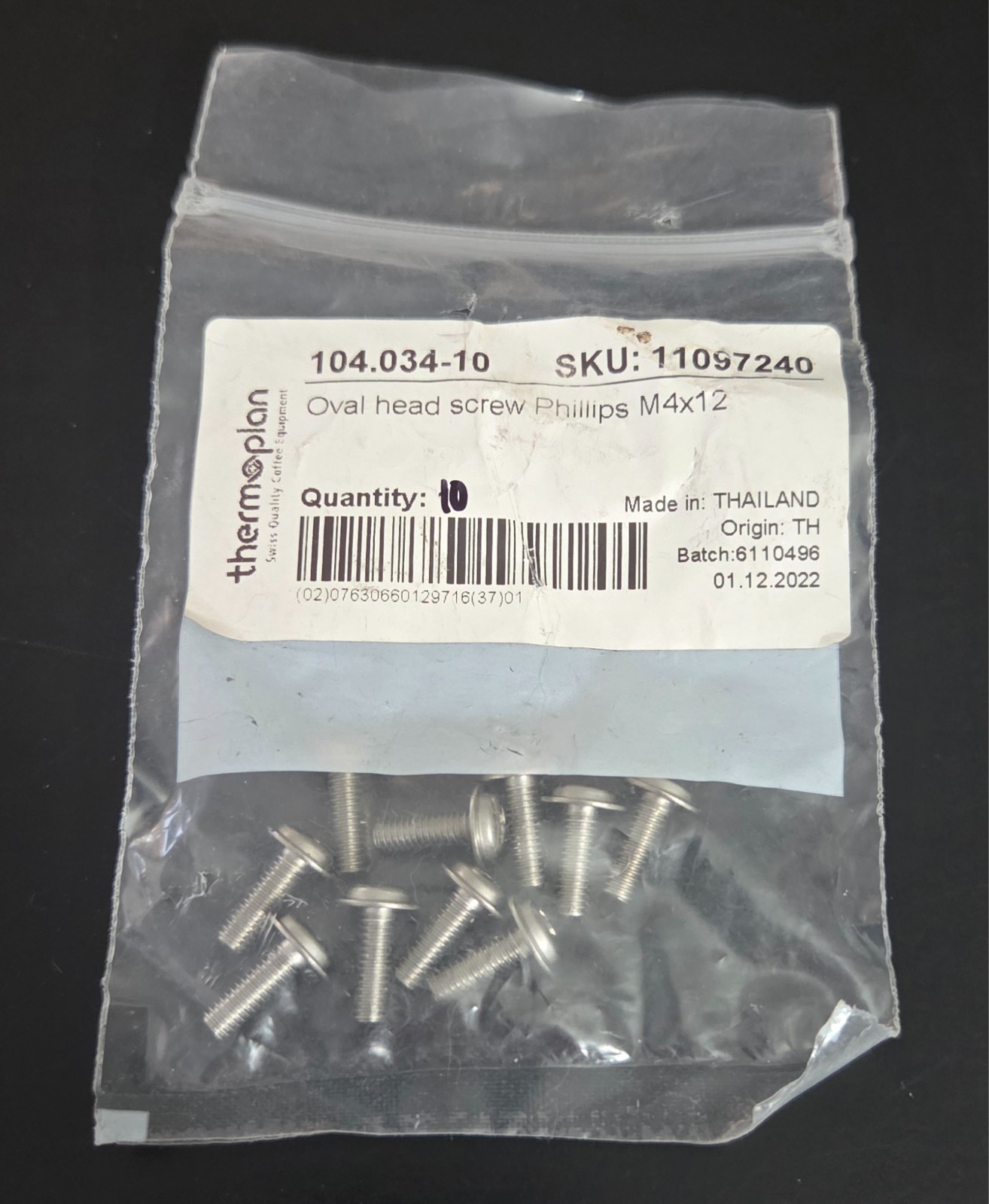 Thermoplan 104.034-10 Oval Head Screw Phillips M4x12 SKU 11097240 OEM Pack of 10