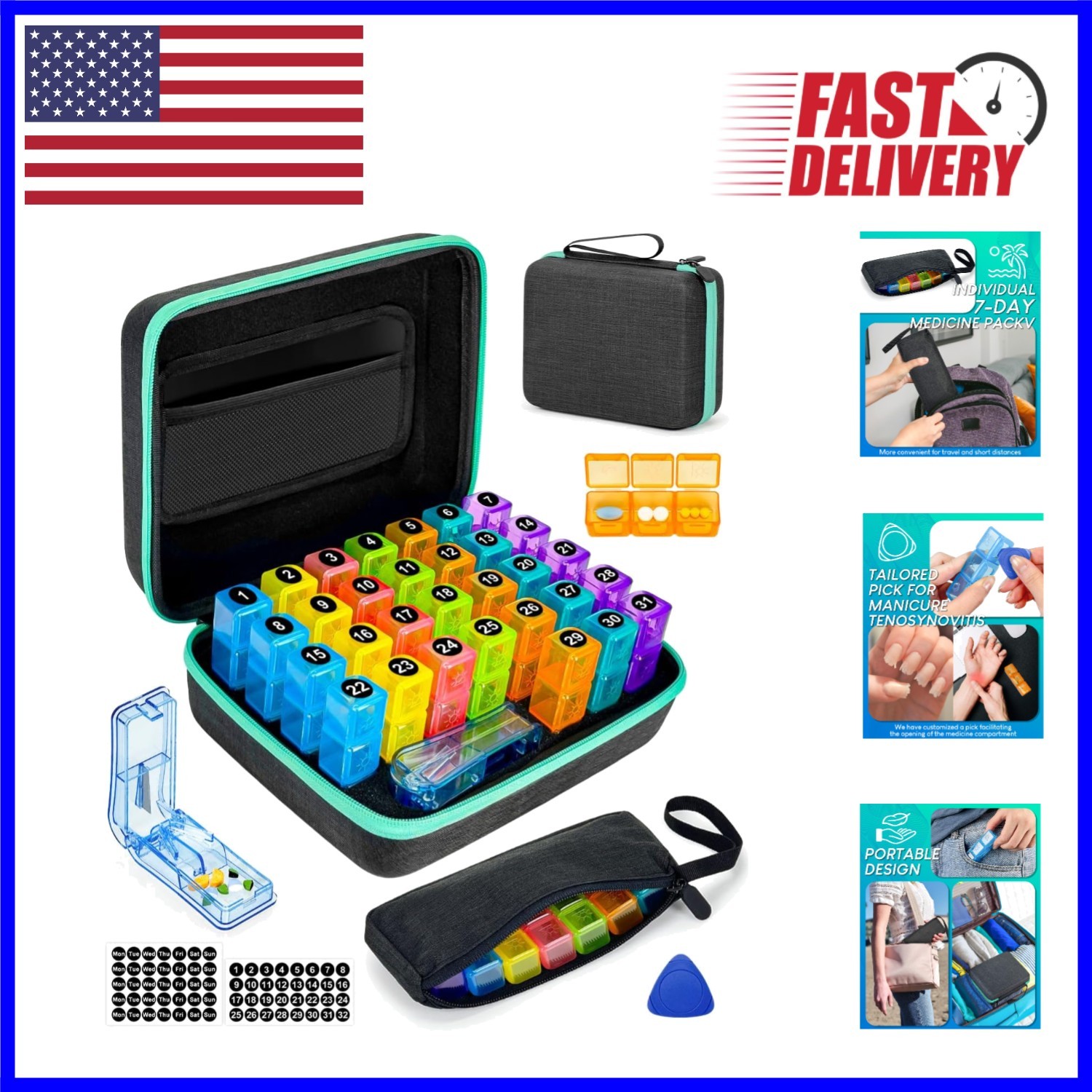 Hard Shell Black Pill Organizer - 31 Compartments for Easy Medication Management