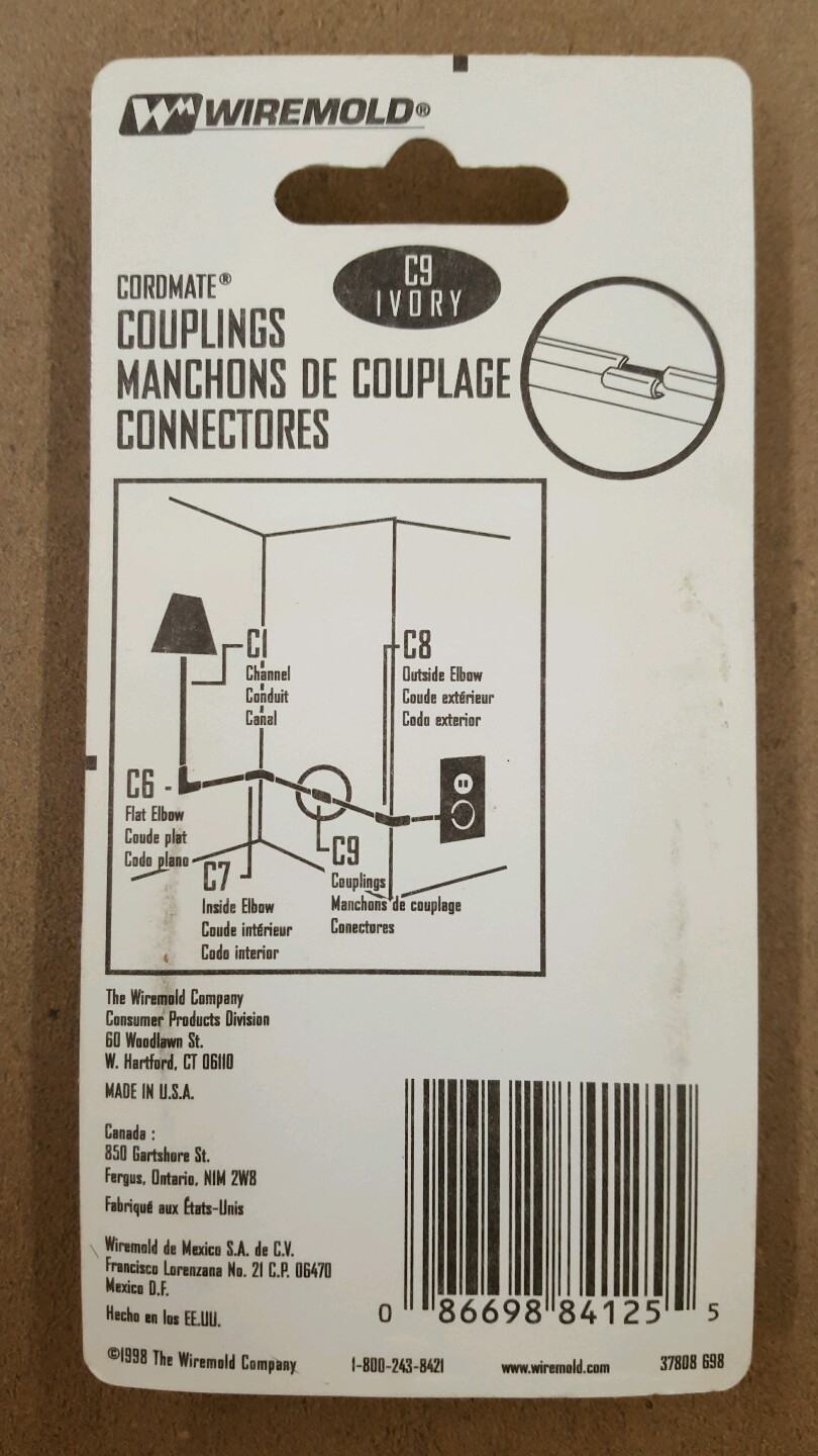 Wiremold C9 Wire Channel Couplings Carded - CORDMATE - IVORY