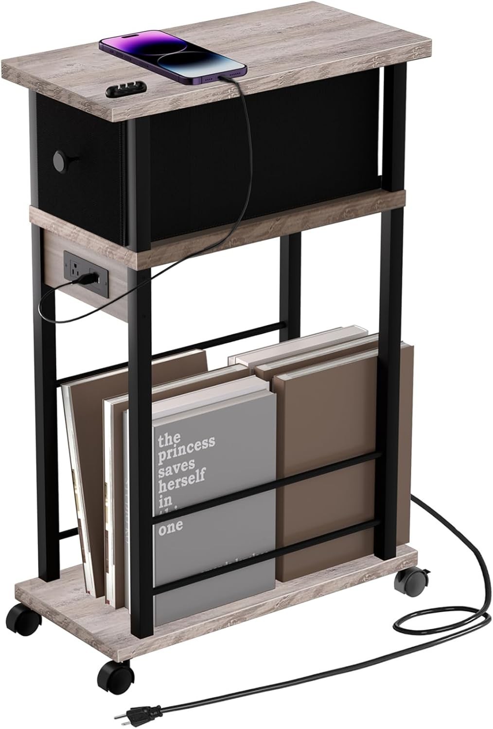 Narrow Side Table 1PC Grey & Black Two-Tone End Table W/ Charging Station Drawer