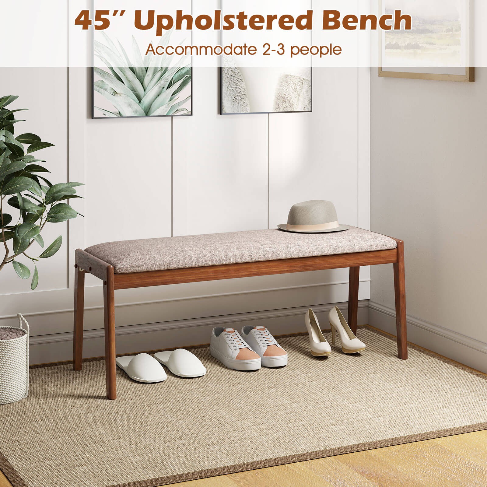 2PCS 45" Farmhouse Backless Bench with Rubber Wood Legs & Fabric Padded Seat