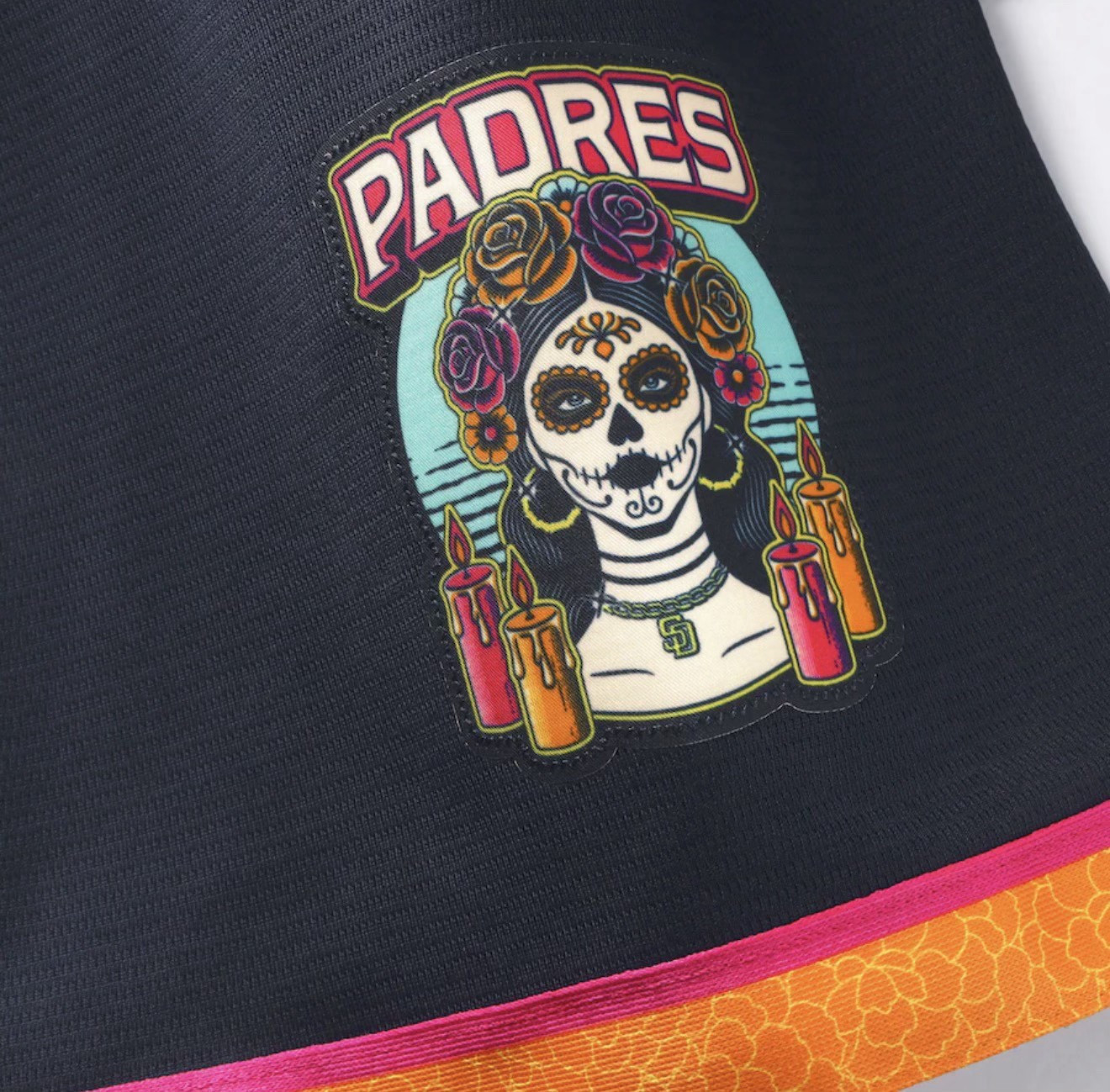 A Padres sleeve Print patch honoring Día de los Muertos, featuring La Catrina