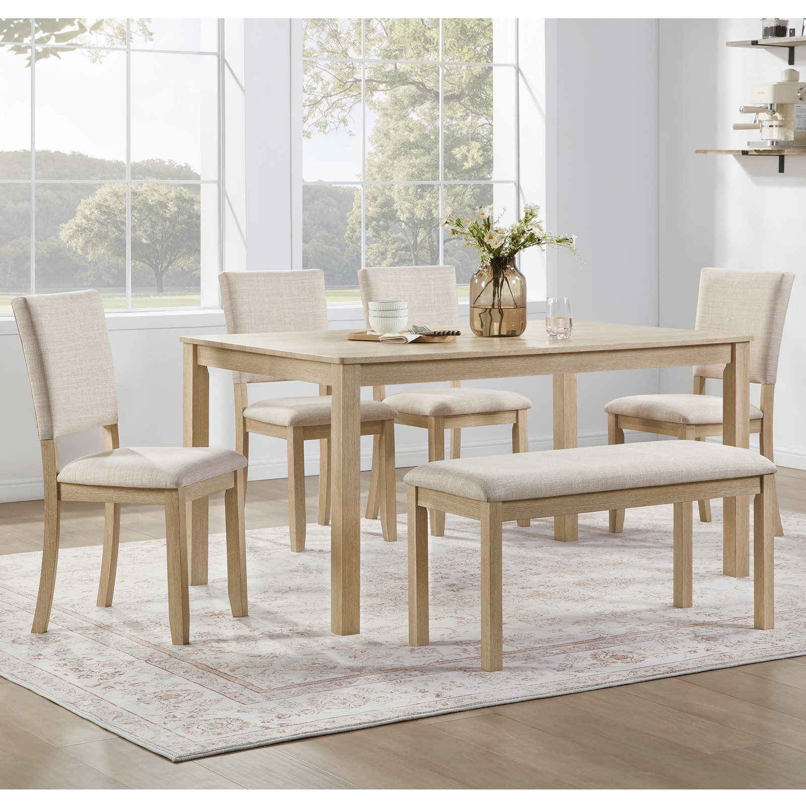 6Pack Dining Table Set with Bench, Wooden Rectangular Kitchen Table Set, Modern