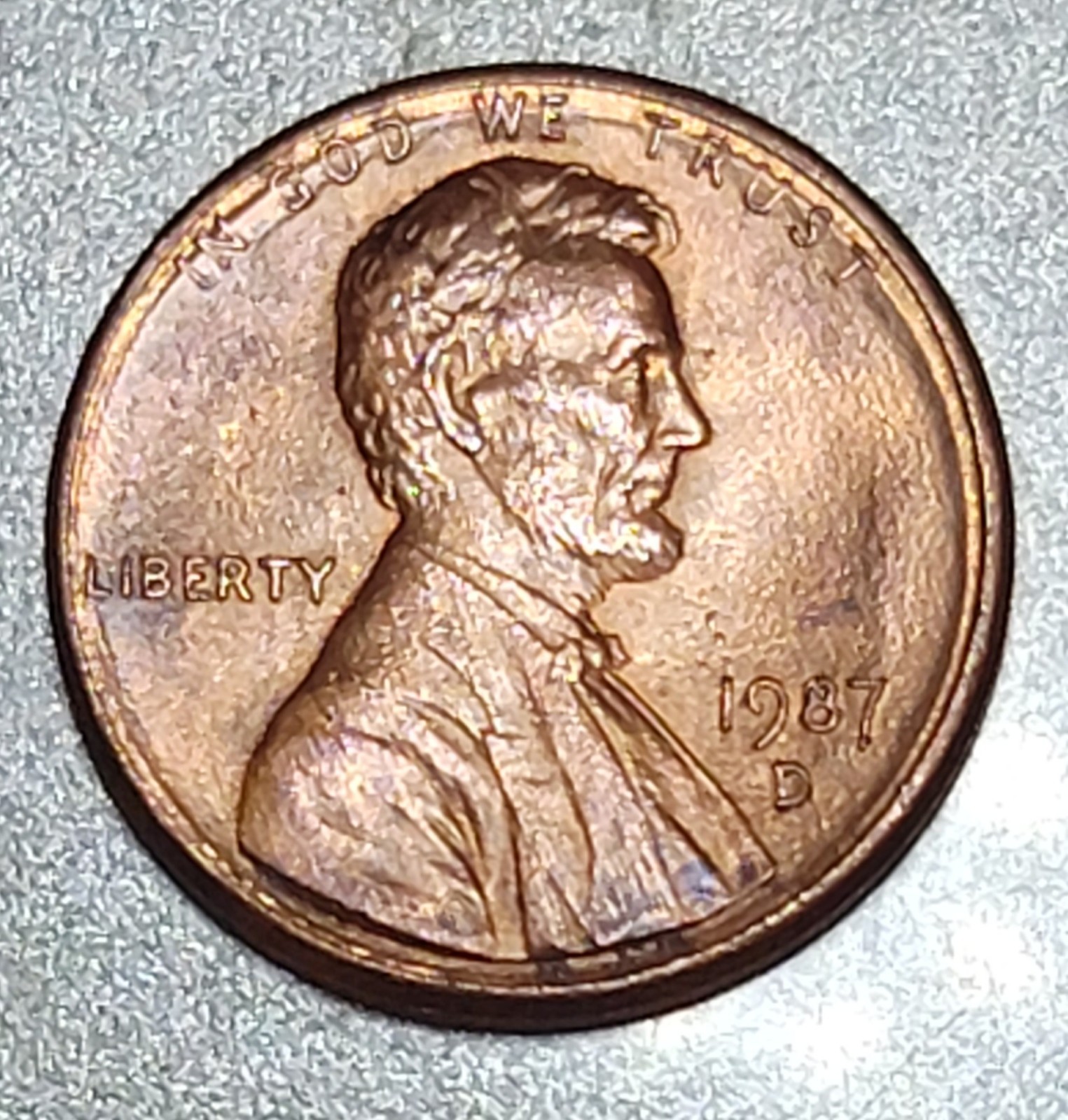 1987 D Lincoln Penny struck on a dimes planchet, Long 9 &7, Offcenter, DDO