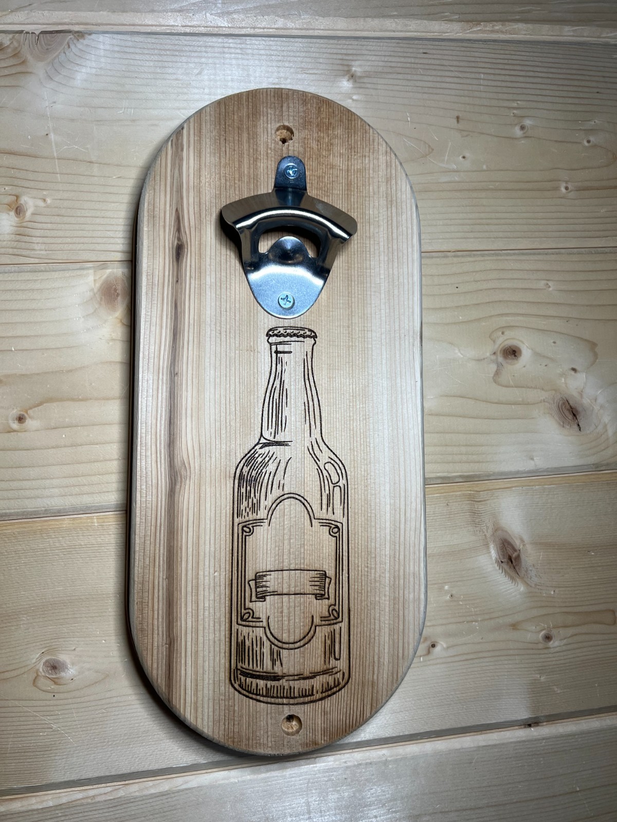 Cedar Wall Mounted Bottle Opener | Rustic Engraved Wood Bar Decor