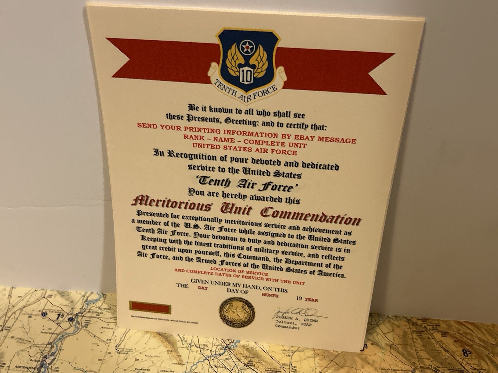 U.S. AIR FORCE / 10TH AIR FORCE - MERITORIOUS UNIT COMMENDATION CERTIFICATE