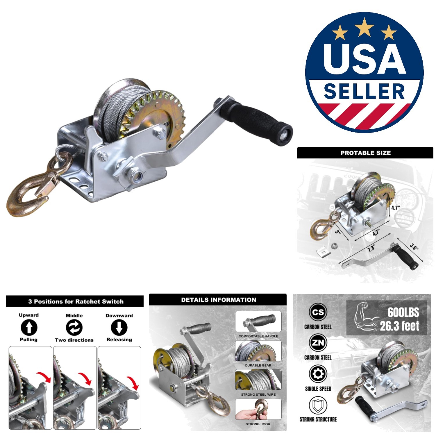 Portable 600lbs Capacity Hand Winch with 26.3ft Steel Cable for Outdoor Use
