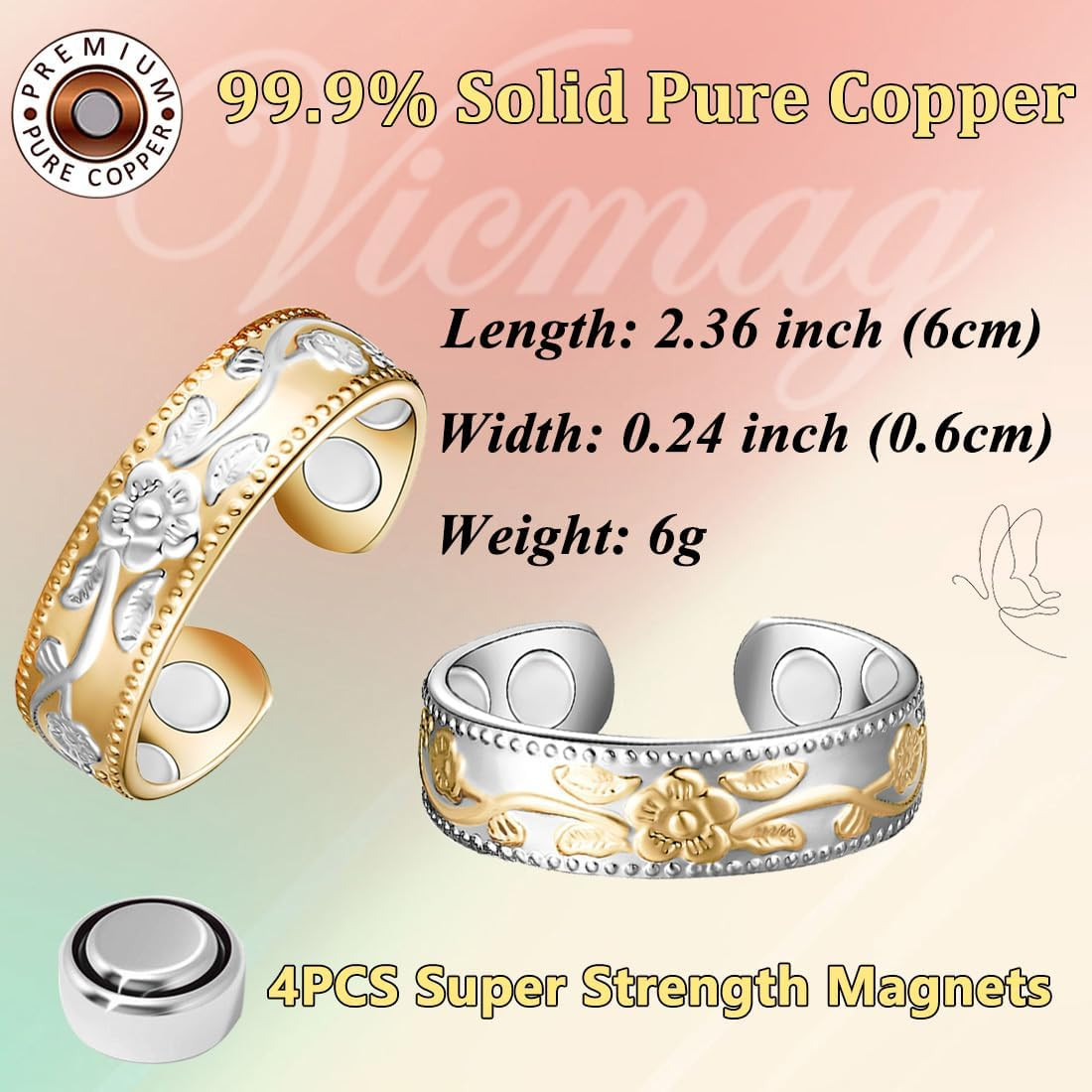Vicmag Copper Magnetic Ring for Women Men 100% Solid Pure Copper Adjustable with