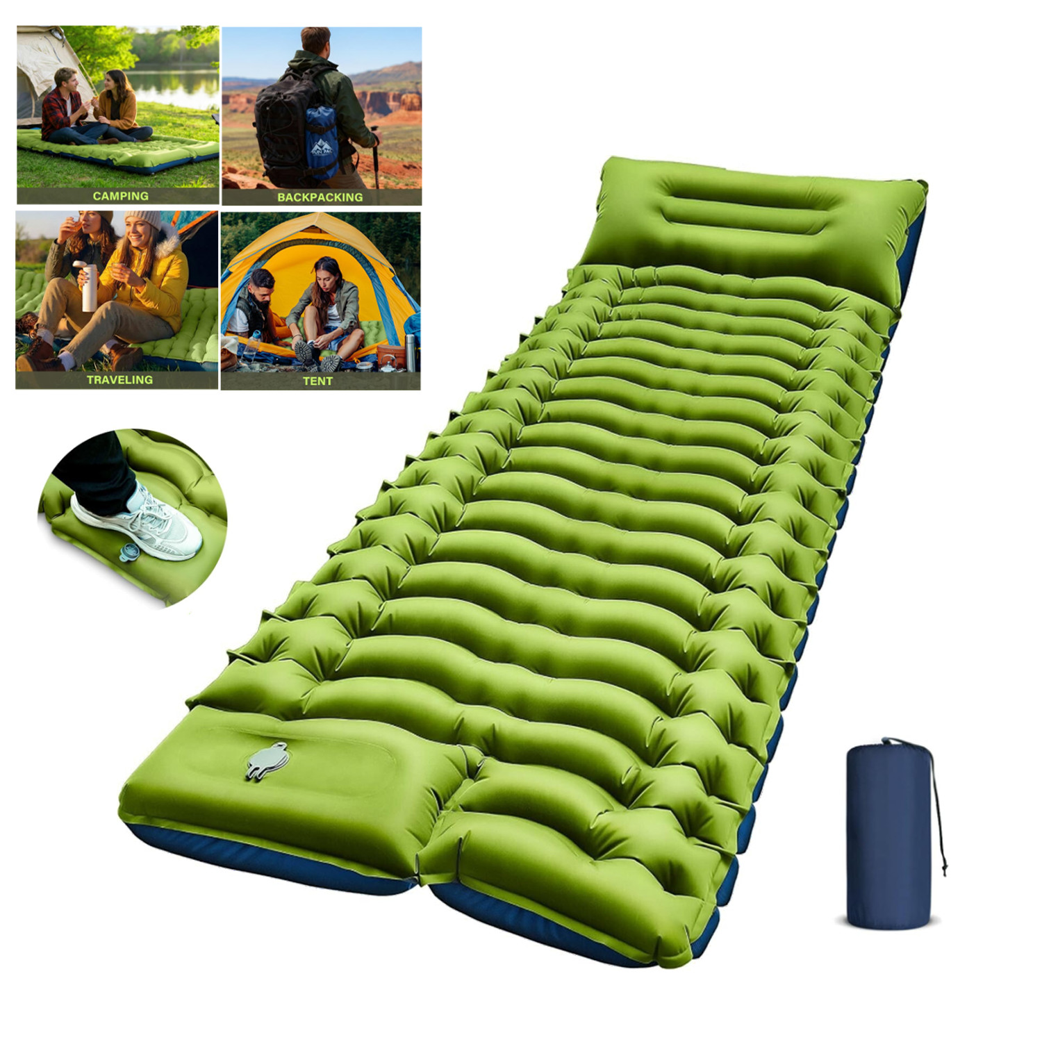 Compact Inflating Sleeping Pad w/Pillow Foot Pump for Backpacking & Tent Camping