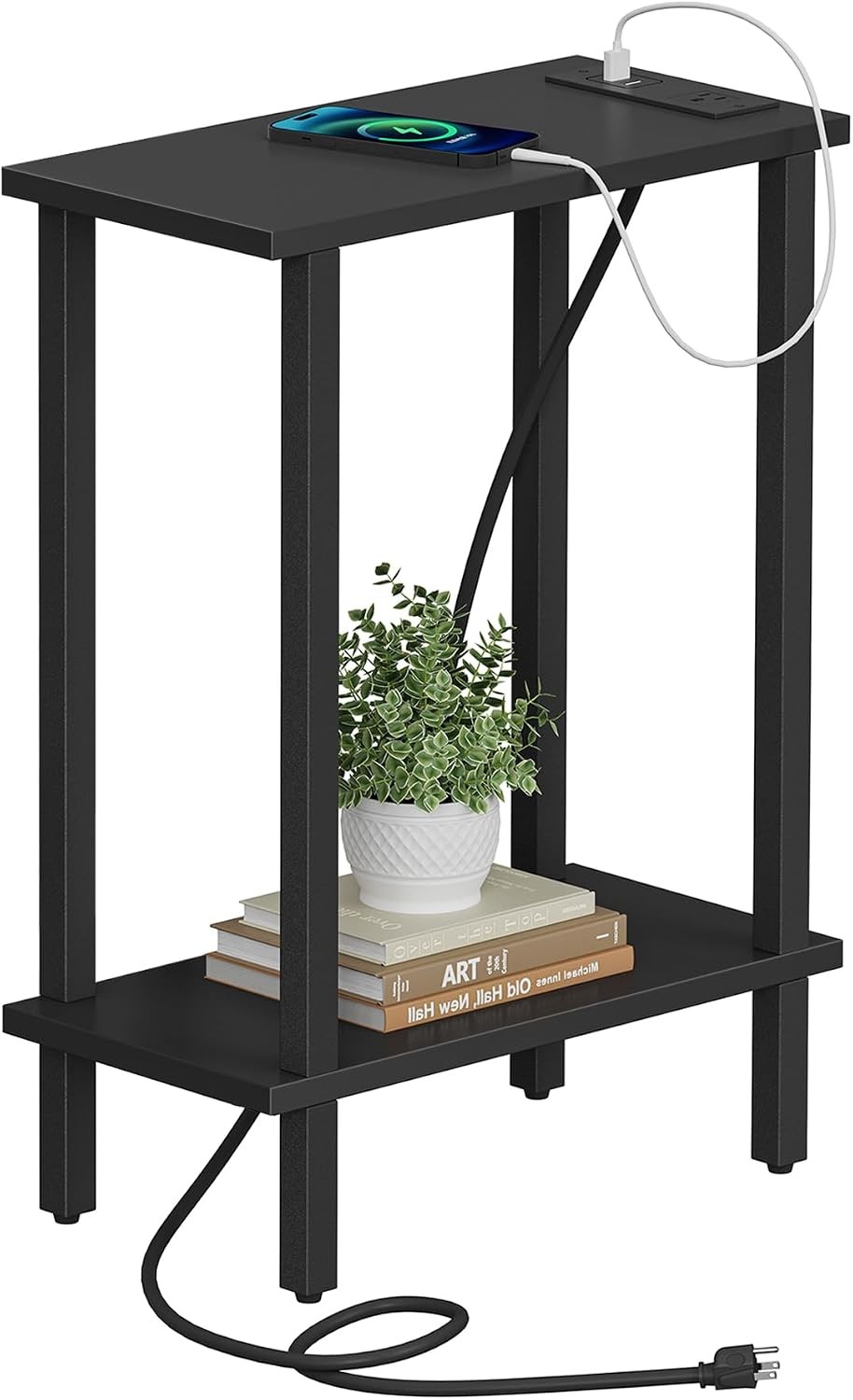 Narrow Side Table 2-Tier Small End Table W/ Charging Station Skinny Sofa Table