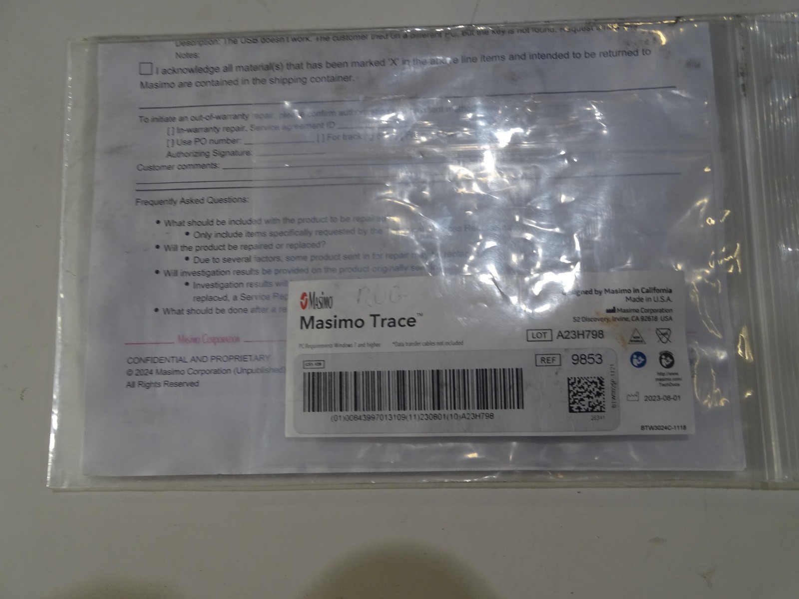 Masimo Trace Medical Software USB Flash Drive Key REF 9853 / LOT A23H798