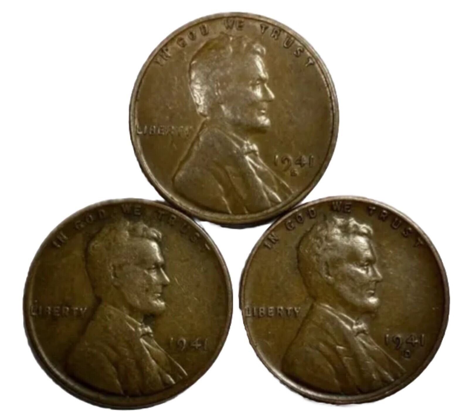 1941 P D S Lincoln Wheat Cents (3) Coins Average Circulated/Better FREE SHIPPING